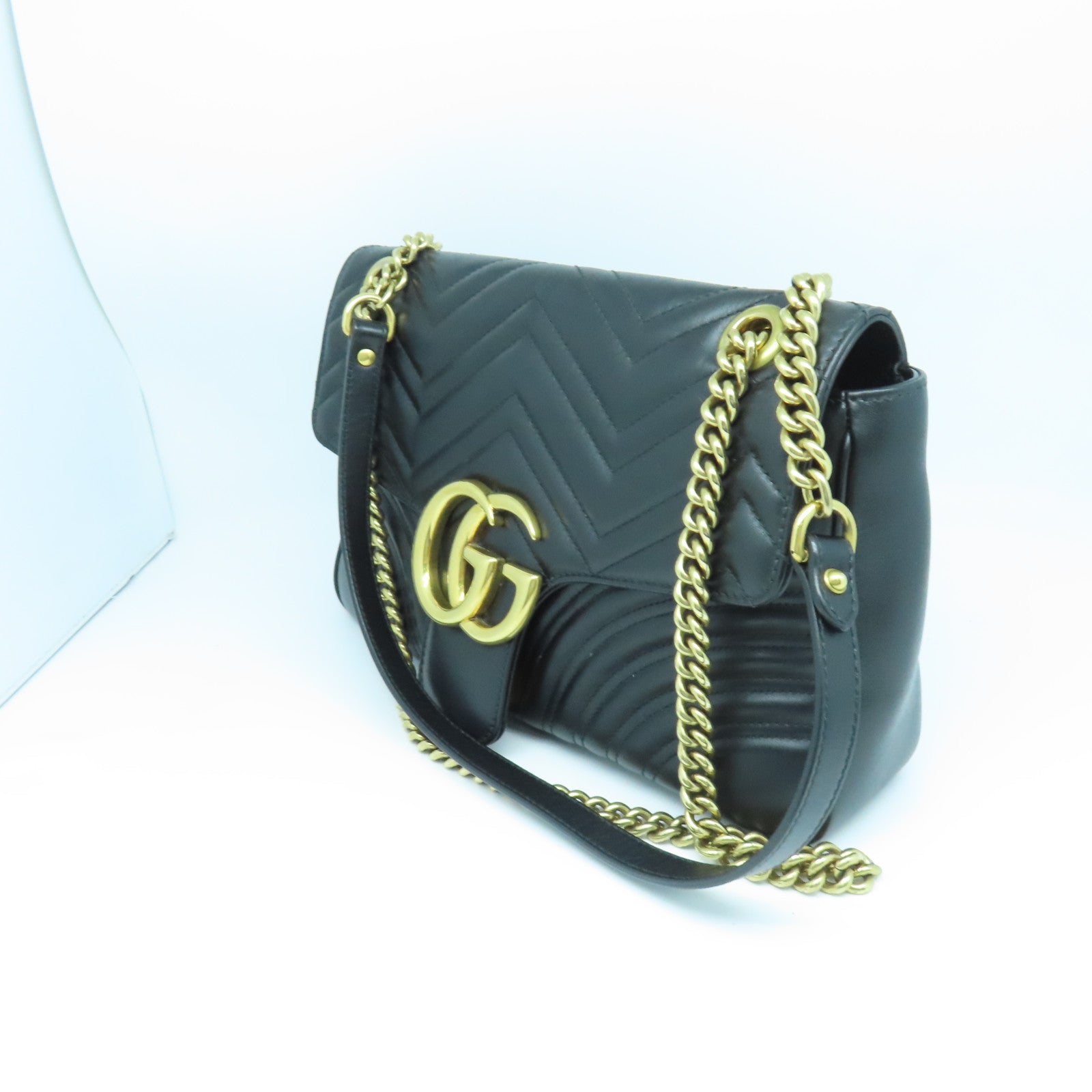 GUCCI 斜紋牛皮皮革GG Marmont金扣鏈帶肩背袋黑色
