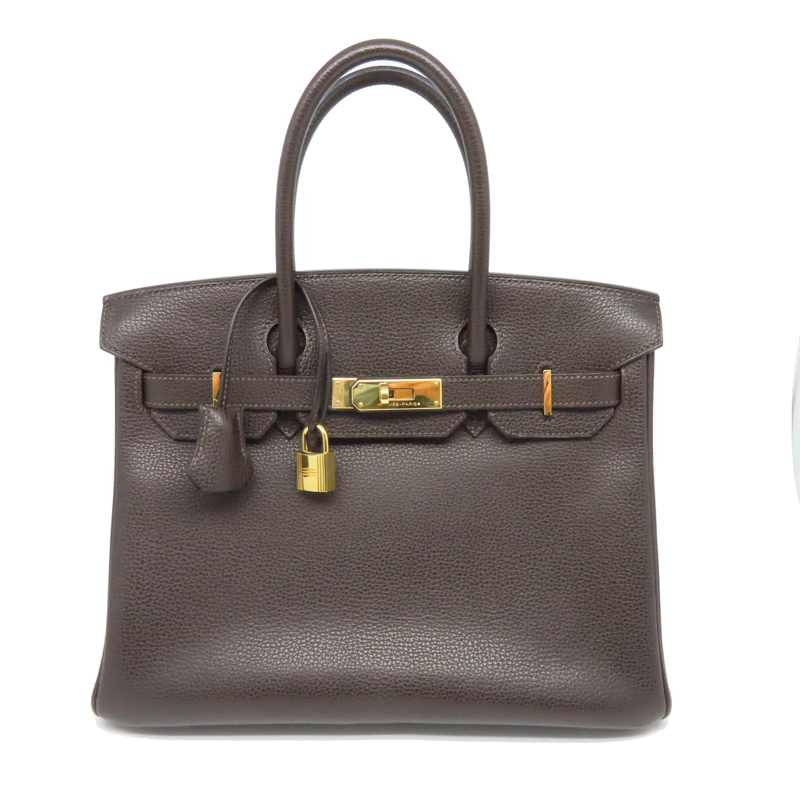 HERMES Buffle Skipper Leather Birkin 30 Gold Buckle Handle Bag Chocolat Brown