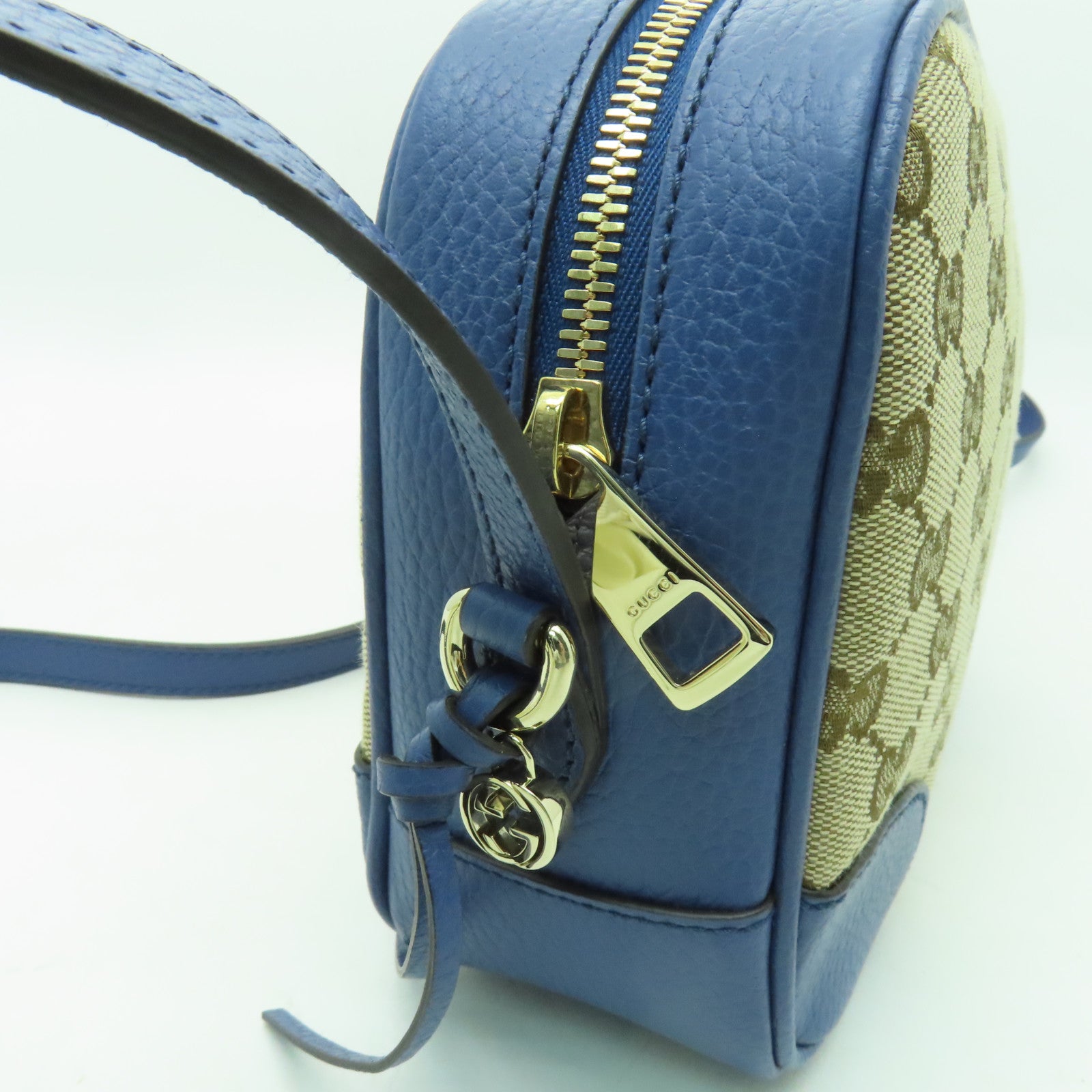 GUCCI 帆布/皮革Shoulder Bag金扣肩背袋啡色/藍色