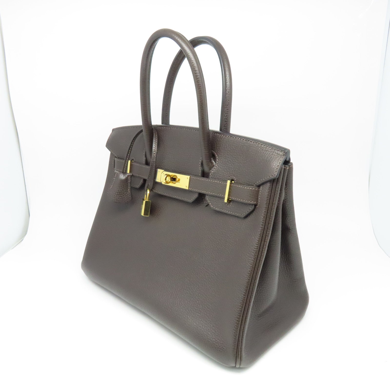 HERMES Buffle Skipper Leather Birkin 30 Gold Buckle Handle Bag Chocolat Brown