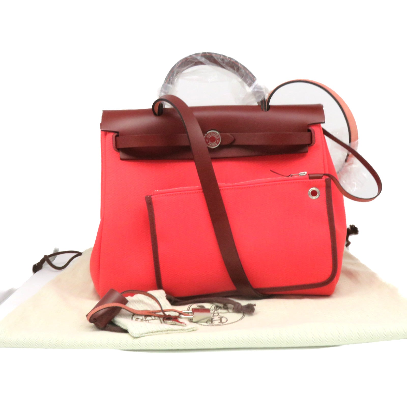 HERMES Toile H Canvas Herbag PM 2way Shoulder Bag Silver Buckle Handle Shoulder Bag Rose Texas/Rough H Red/Pink