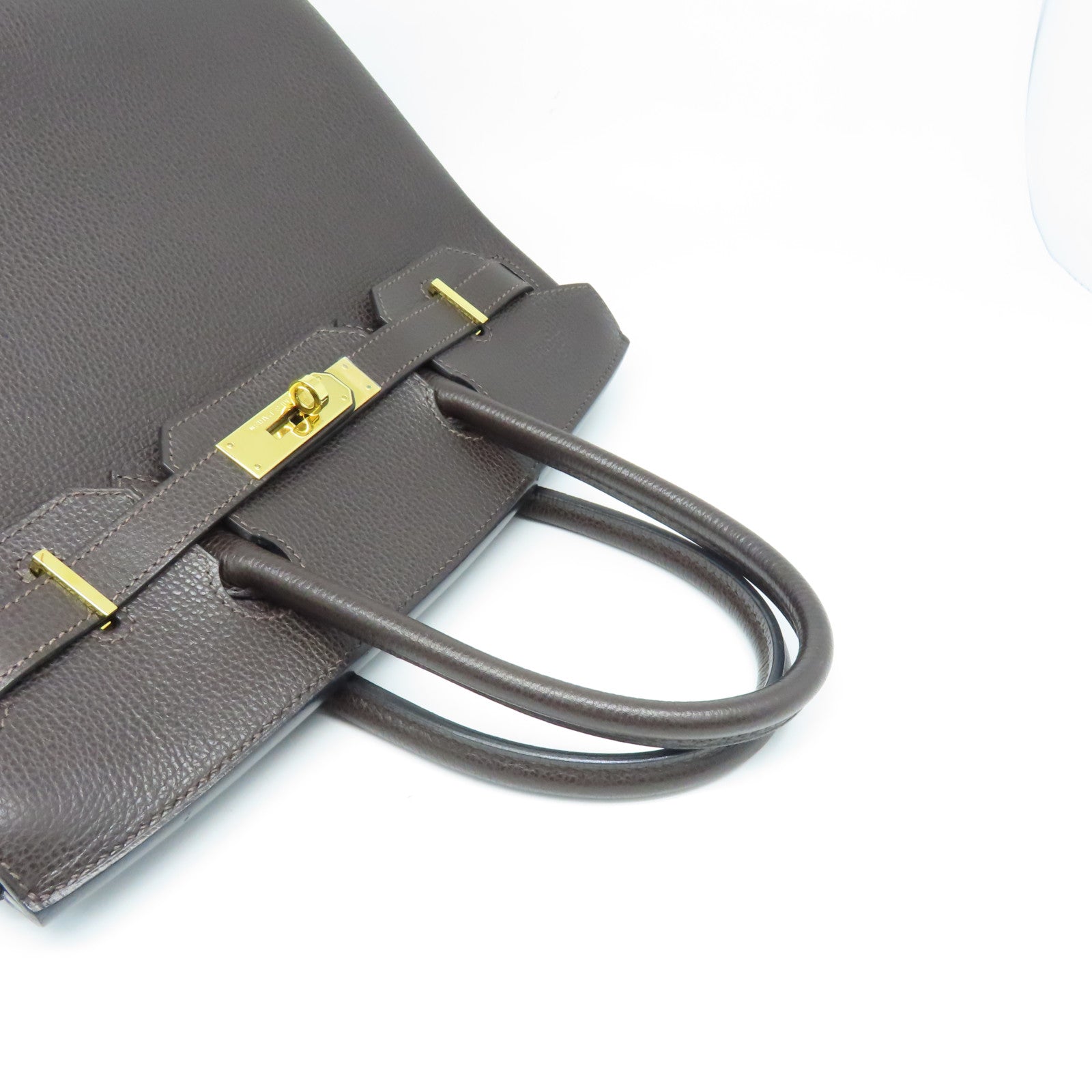 HERMES Buffle Skipper Leather Birkin 30 Gold Buckle Handle Bag Chocolat Brown
