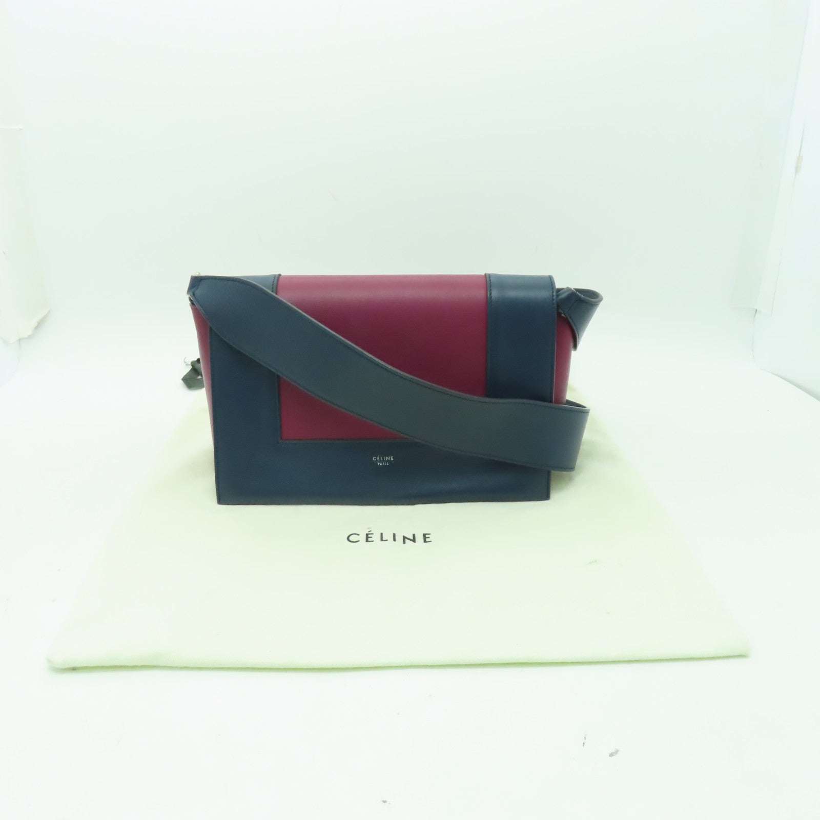 CELINE 牛皮皮革Shoulder Bag銀扣肩背袋深藍色/酒紅色