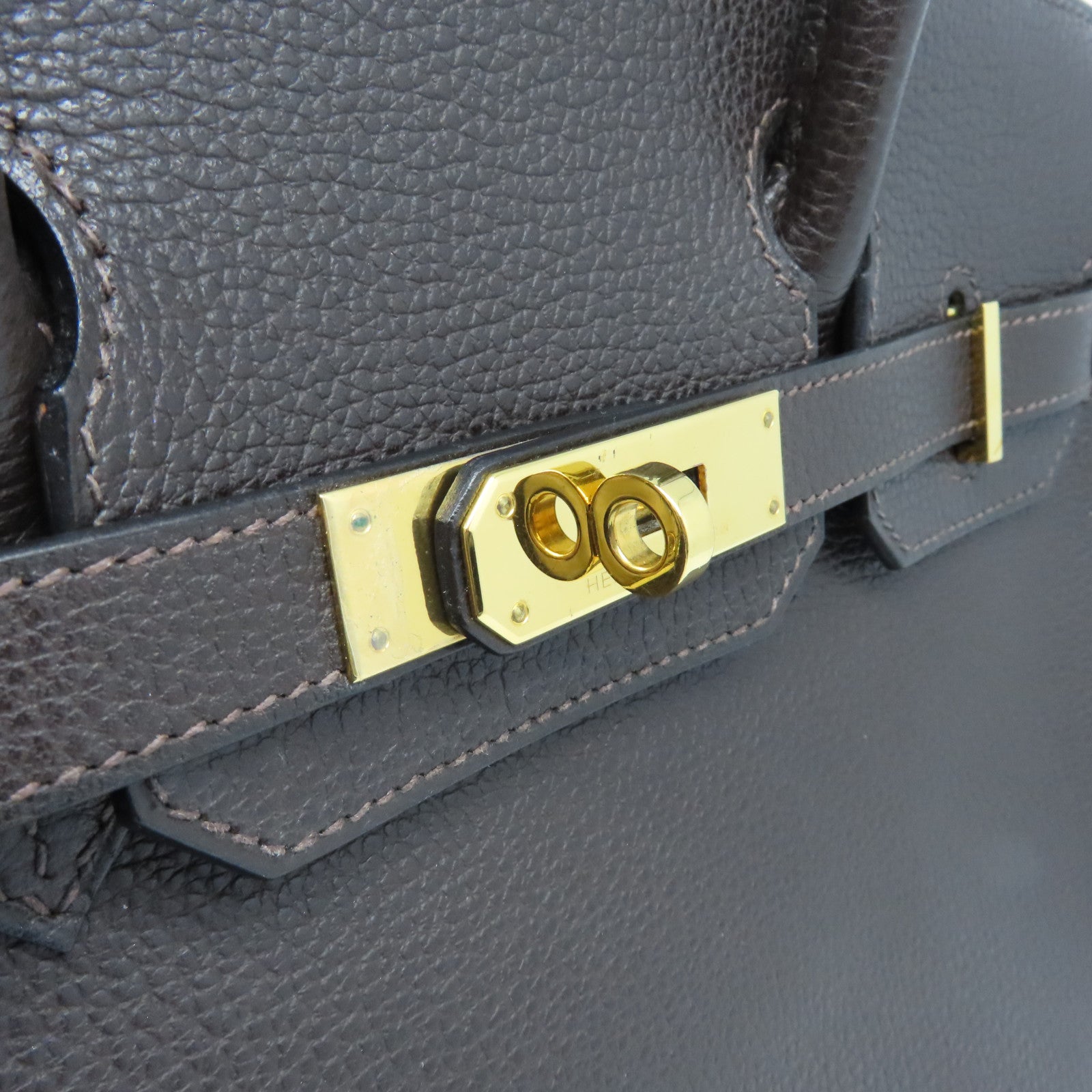 HERMES Buffle Skipper Leather Birkin 30 Gold Buckle Handle Bag Chocolat Brown