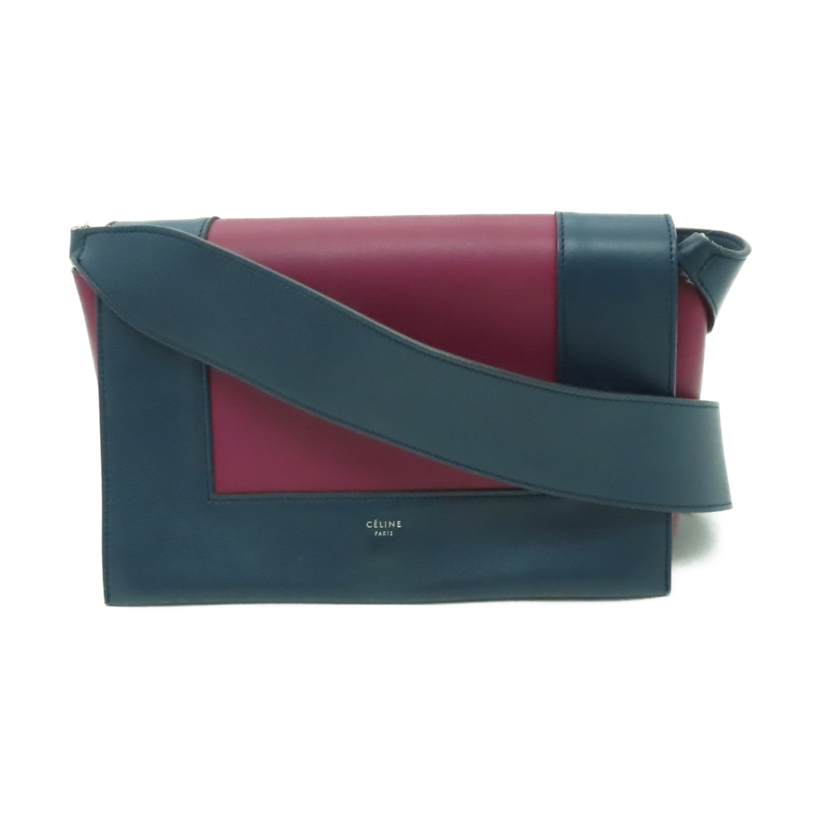 CELINE 牛皮皮革Shoulder Bag銀扣肩背袋深藍色/酒紅色
