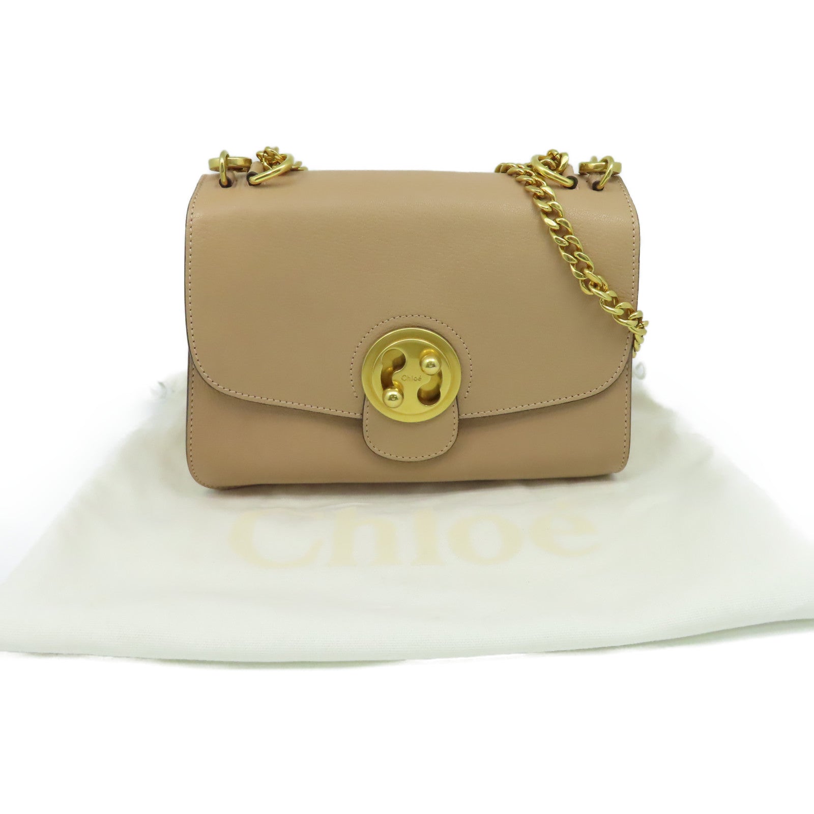 Chloe 牛皮皮革Chain Shoulder Bag金扣肩背袋杏色