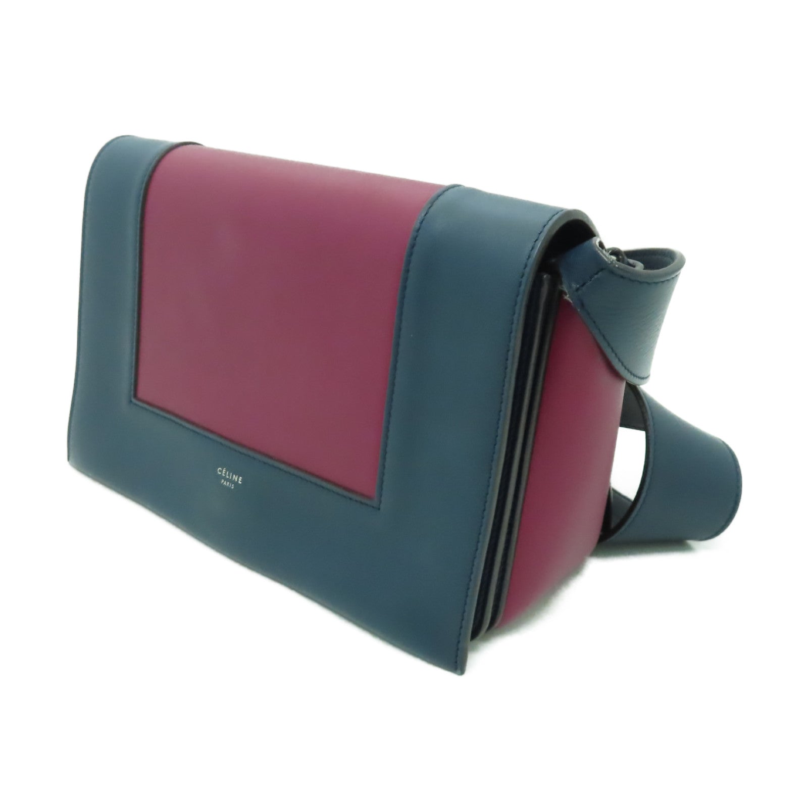 CELINE 牛皮皮革Shoulder Bag銀扣肩背袋深藍色/酒紅色