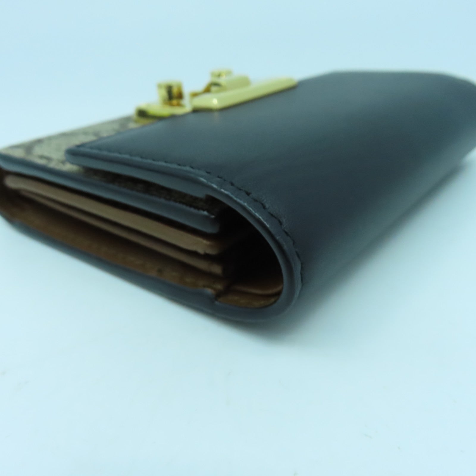 GUCCI 塗層帆布/牛皮皮革Wallet金扣錢包灰色/黑色