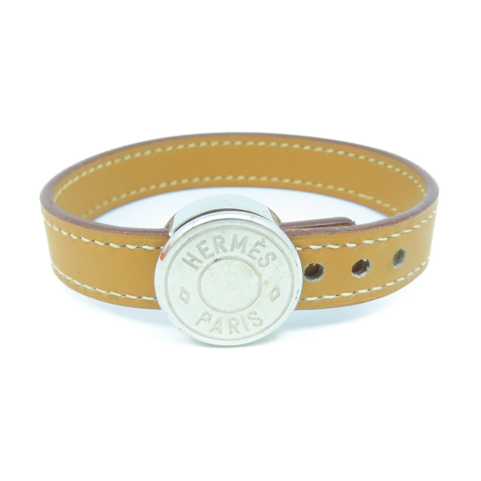HERMES Swift皮革Clou De Selle Bracelet銀扣手鐲啡色/黑色#16.75cm