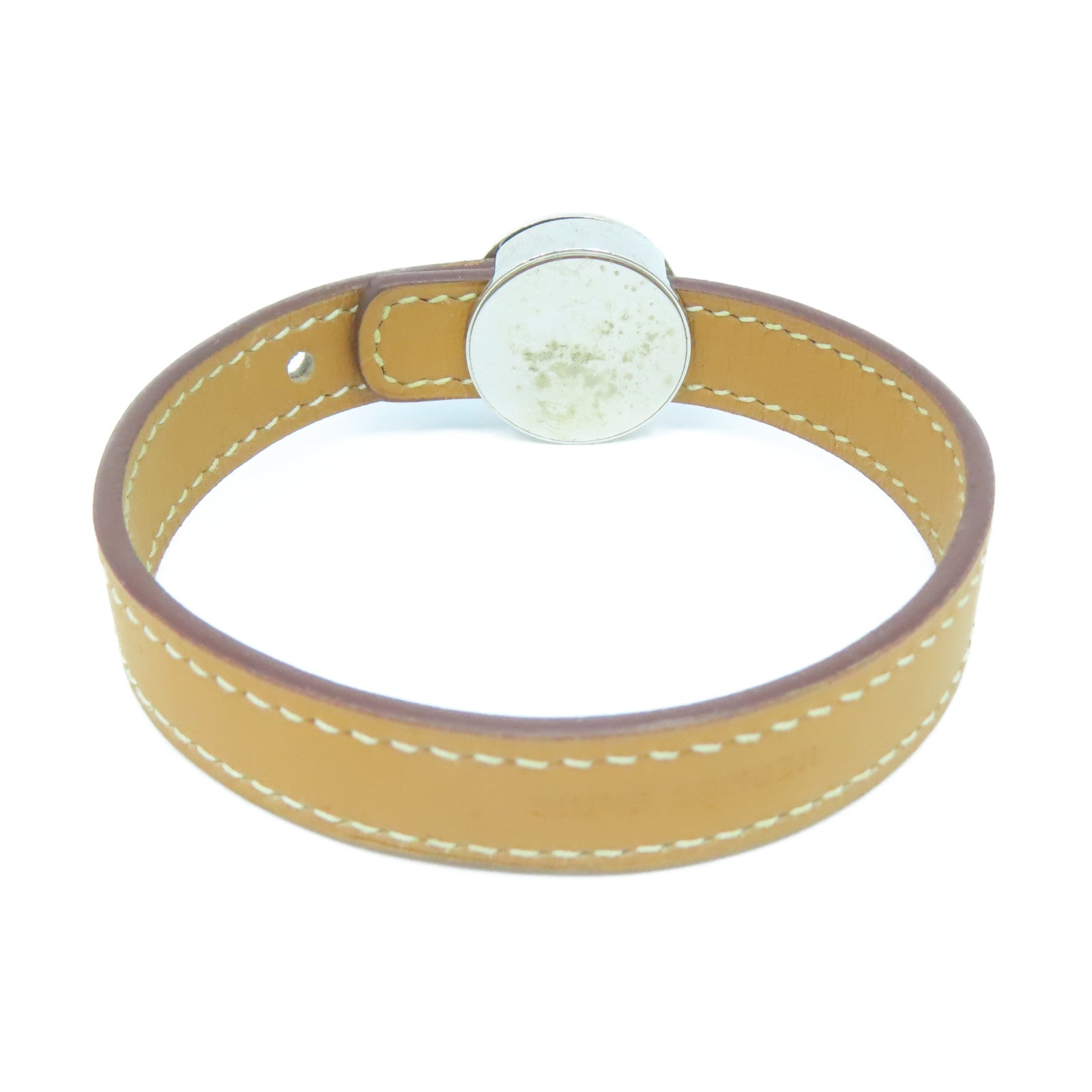 HERMES Swift皮革Clou De Selle Bracelet銀扣手鐲啡色/黑色#16.75cm