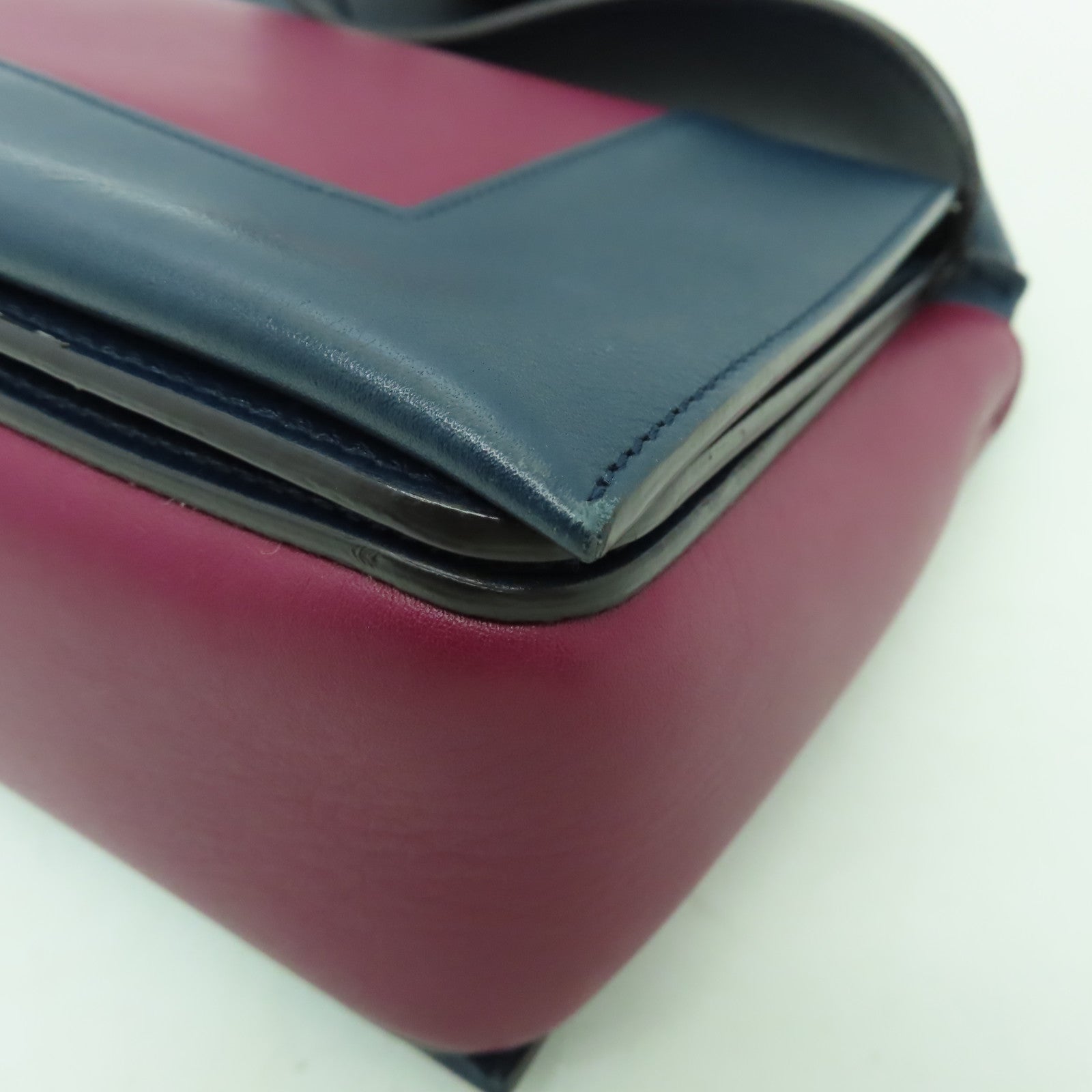 CELINE 牛皮皮革Shoulder Bag銀扣肩背袋深藍色/酒紅色