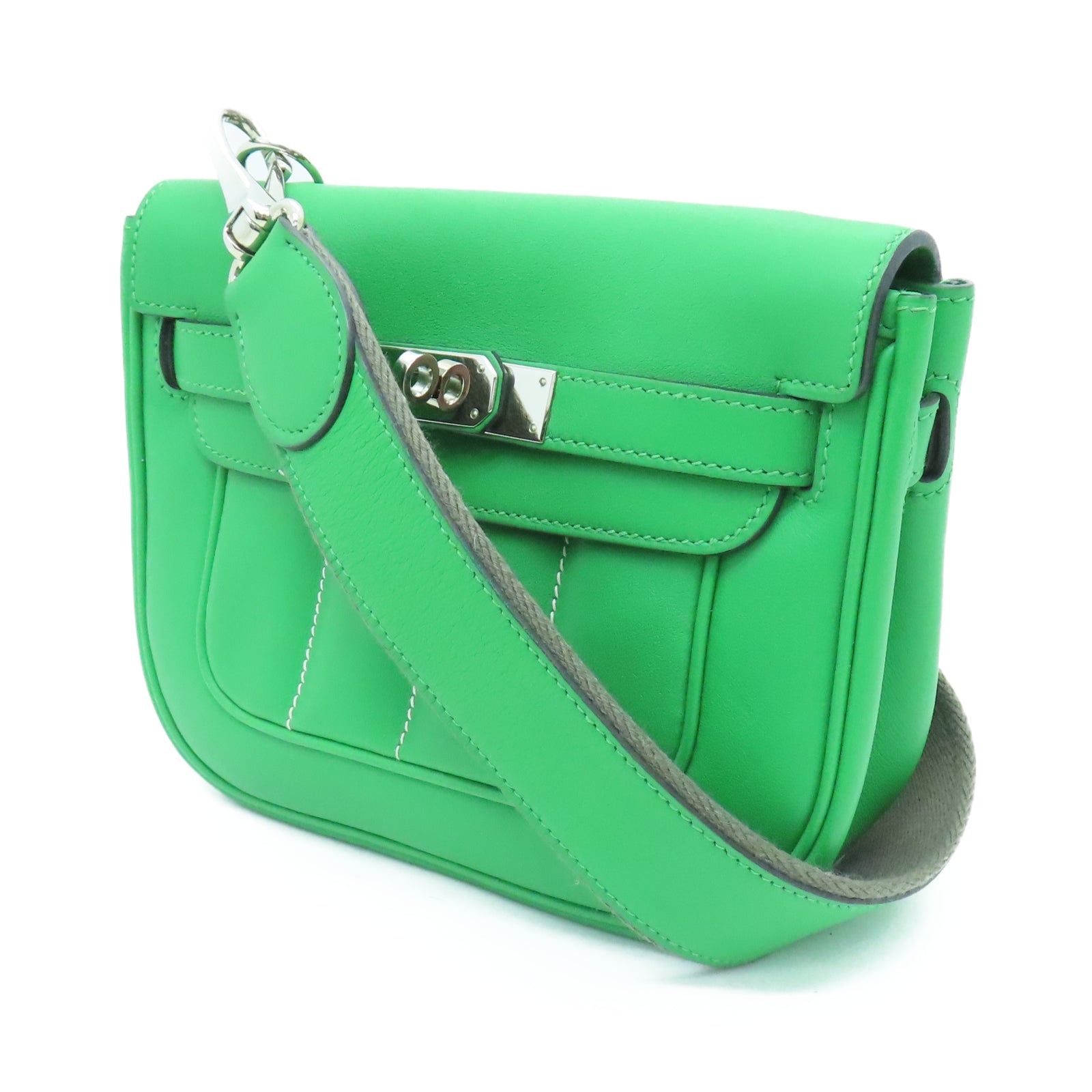 HERMES Veau Swift皮革Mini Berlin銀扣肩背袋竹子綠色