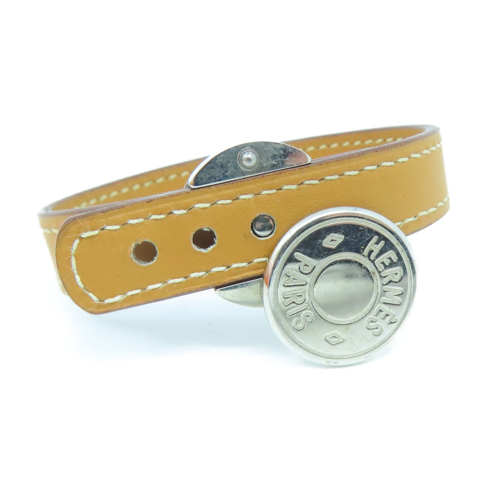 HERMES Swift皮革Clou De Selle Bracelet銀扣手鐲啡色/黑色#16.75cm
