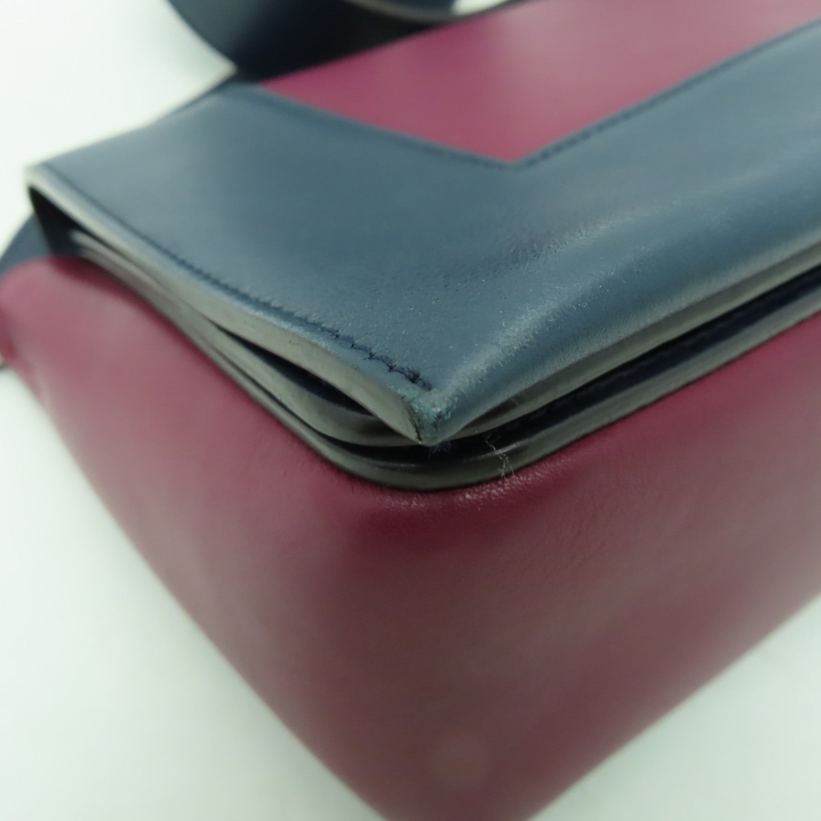 CELINE 牛皮皮革Shoulder Bag銀扣肩背袋深藍色/酒紅色