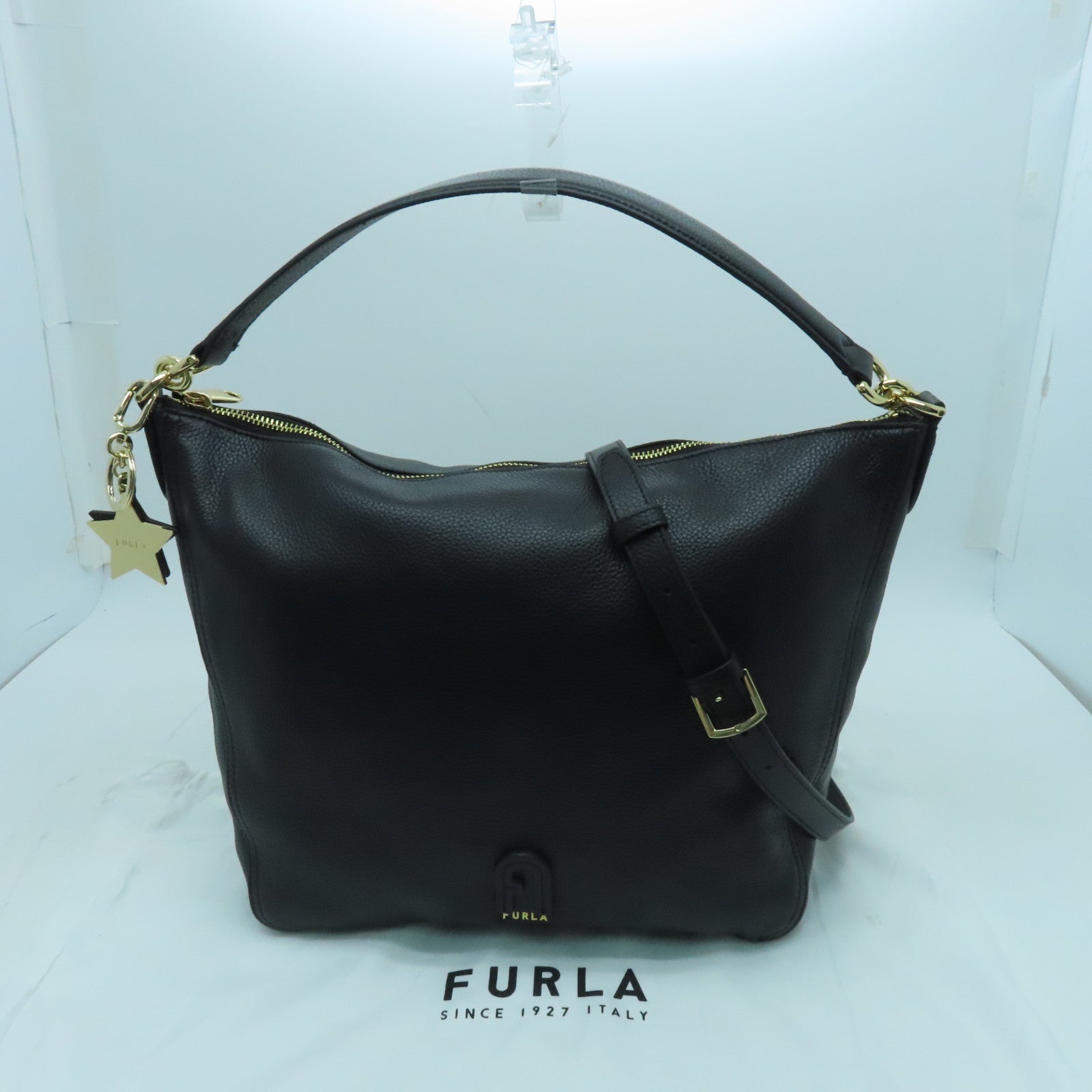 Furla Cowhide Leather 2 Way Shoulder Gold Buckle Handle Shoulder Bag Black