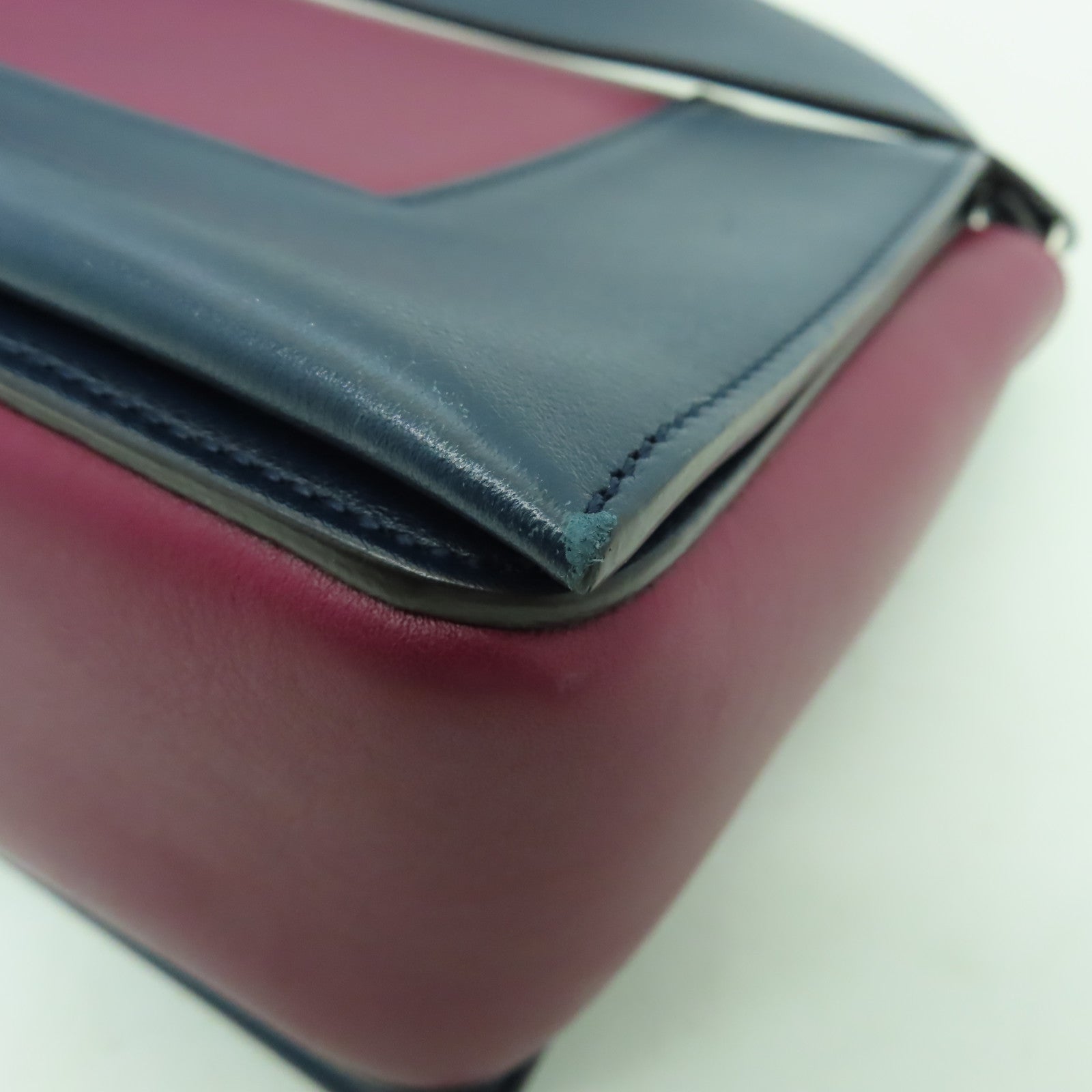 CELINE 牛皮皮革Shoulder Bag銀扣肩背袋深藍色/酒紅色