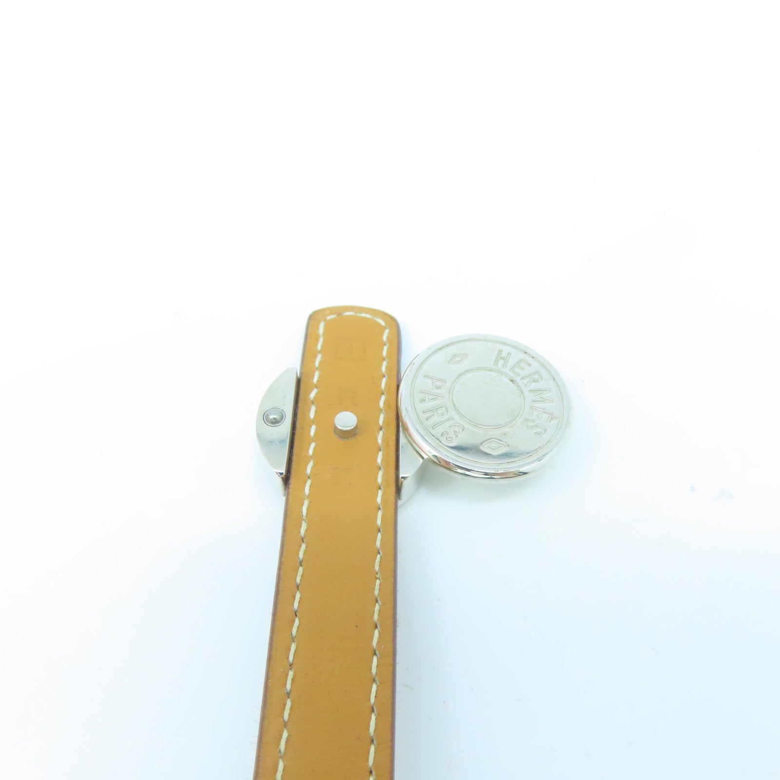 HERMES Swift皮革Clou De Selle Bracelet銀扣手鐲啡色/黑色#16.75cm