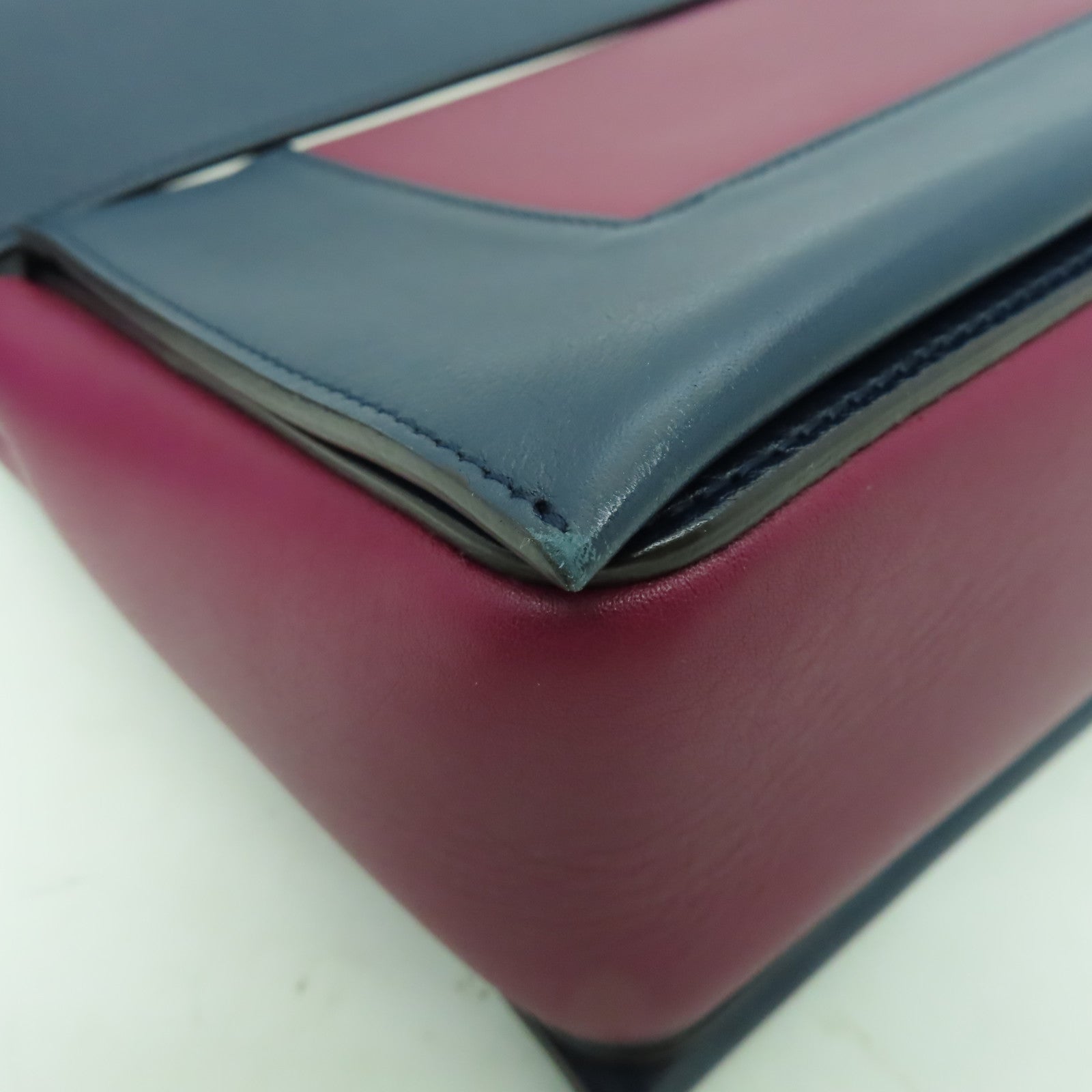 CELINE 牛皮皮革Shoulder Bag銀扣肩背袋深藍色/酒紅色