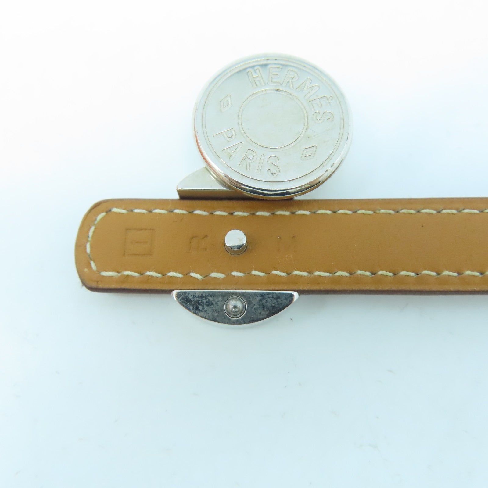 HERMES Swift皮革Clou De Selle Bracelet銀扣手鐲啡色/黑色#16.75cm