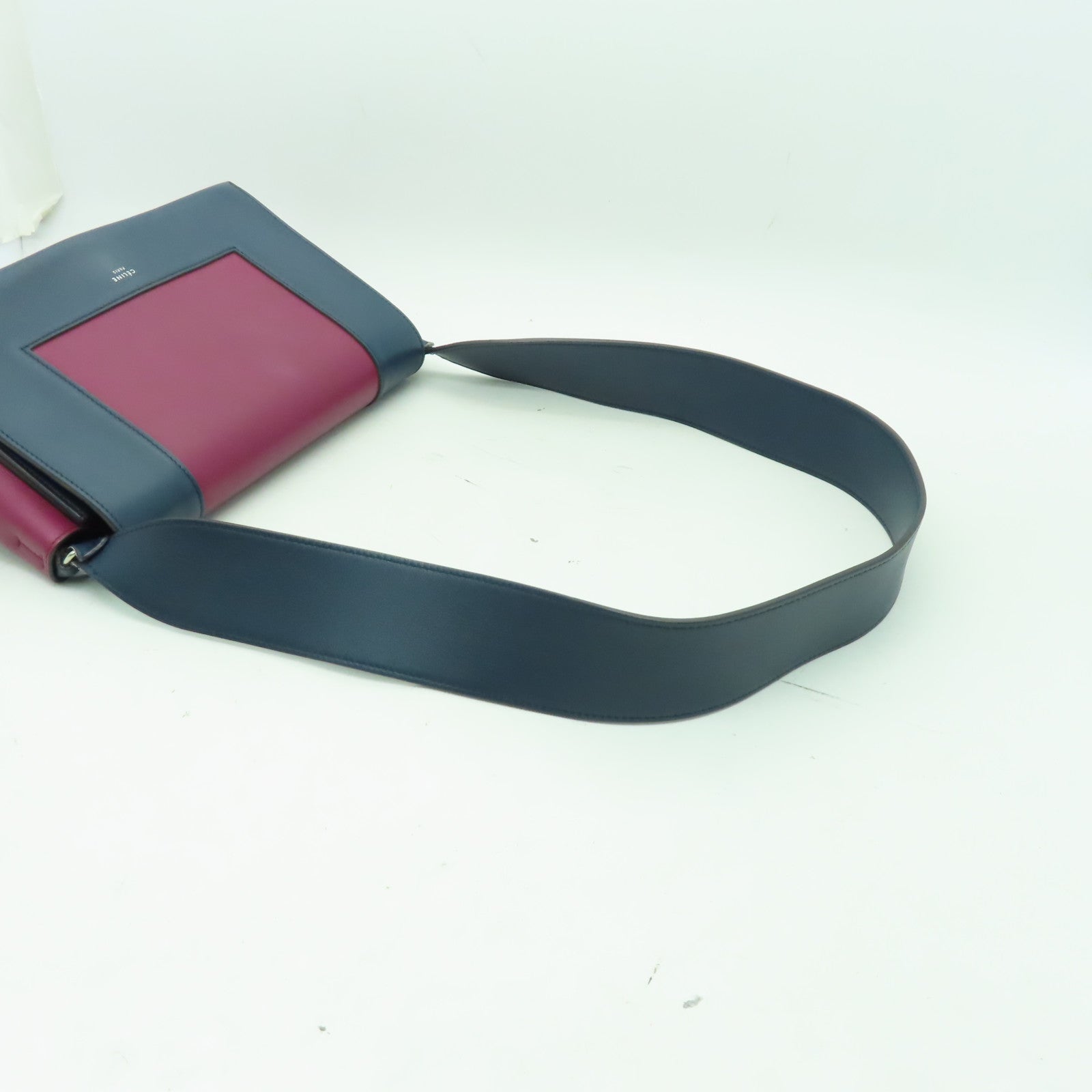CELINE 牛皮皮革Shoulder Bag銀扣肩背袋深藍色/酒紅色