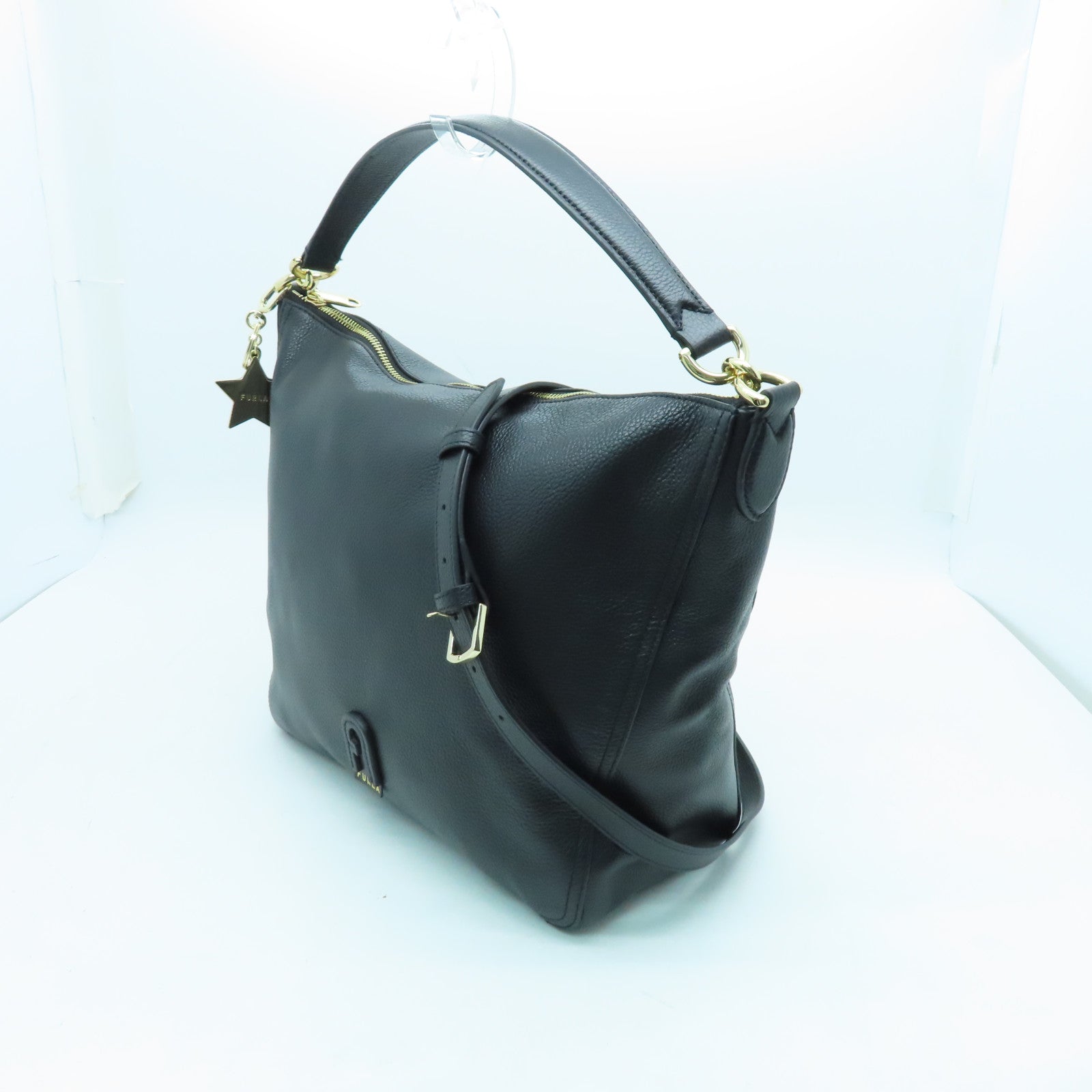 Furla Cowhide Leather 2 Way Shoulder Gold Buckle Handle Shoulder Bag Black