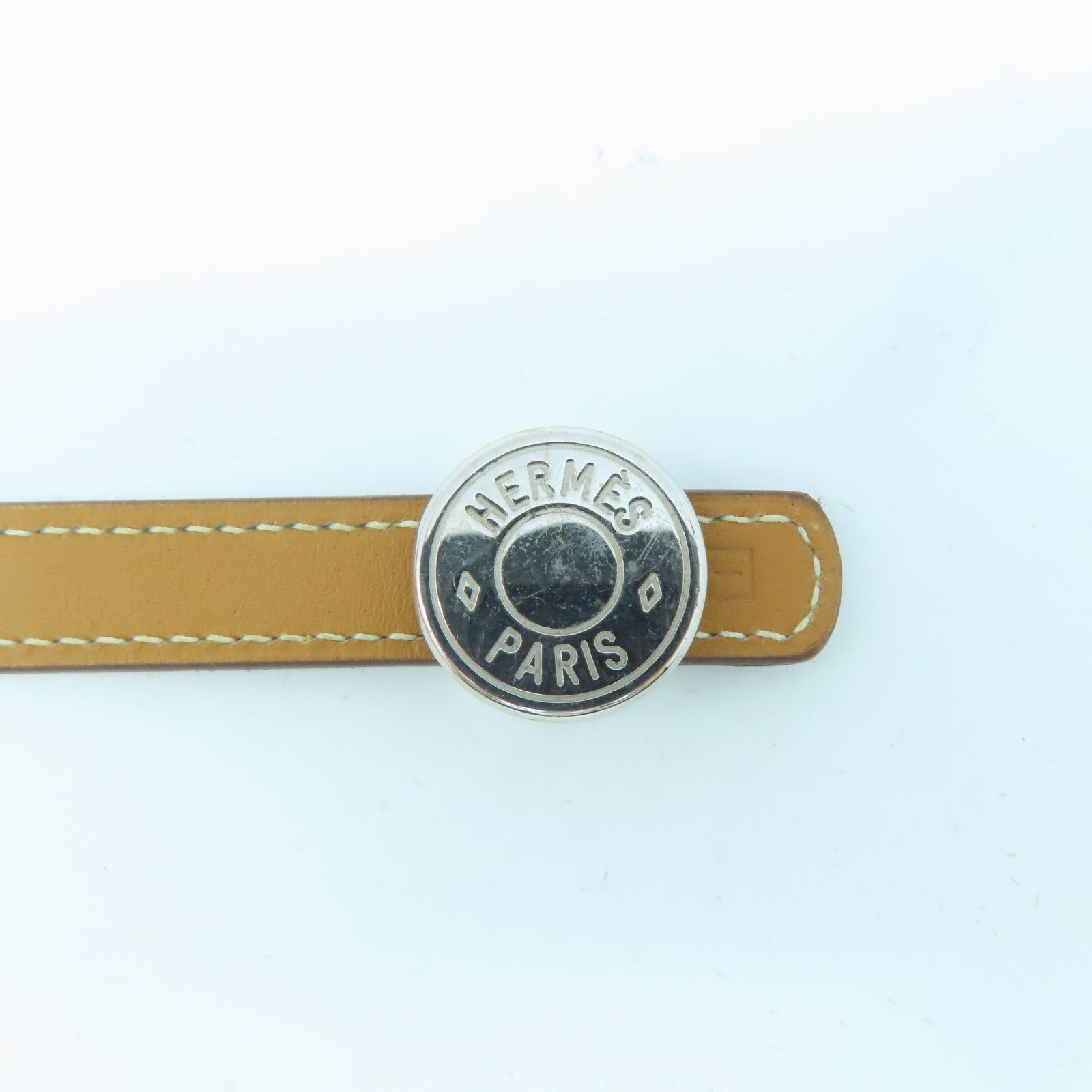 HERMES Swift皮革Clou De Selle Bracelet銀扣手鐲啡色/黑色#16.75cm
