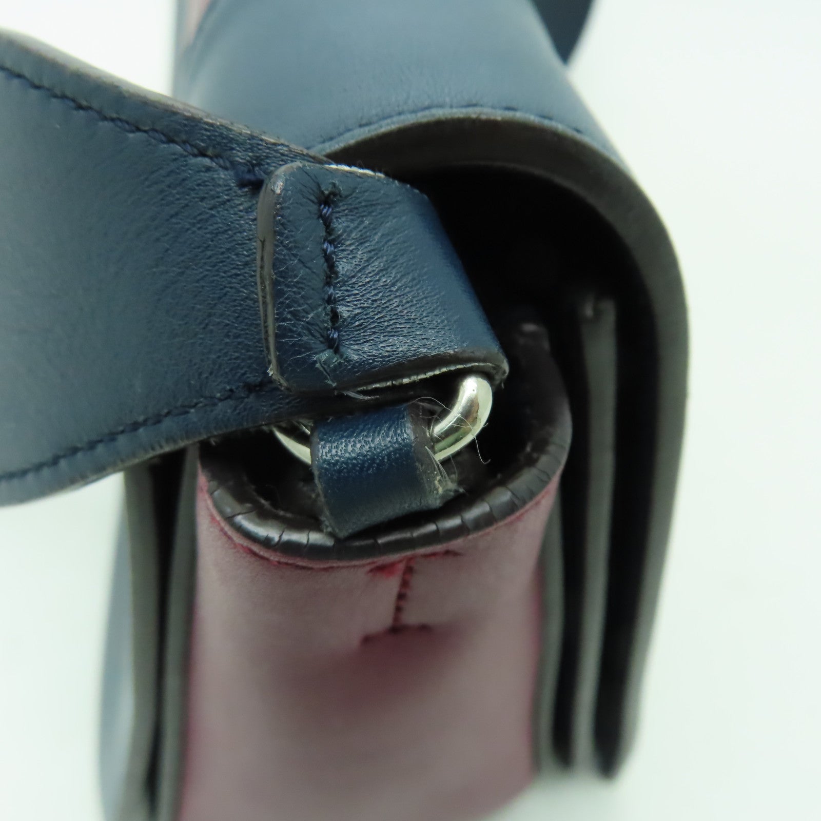 CELINE 牛皮皮革Shoulder Bag銀扣肩背袋深藍色/酒紅色