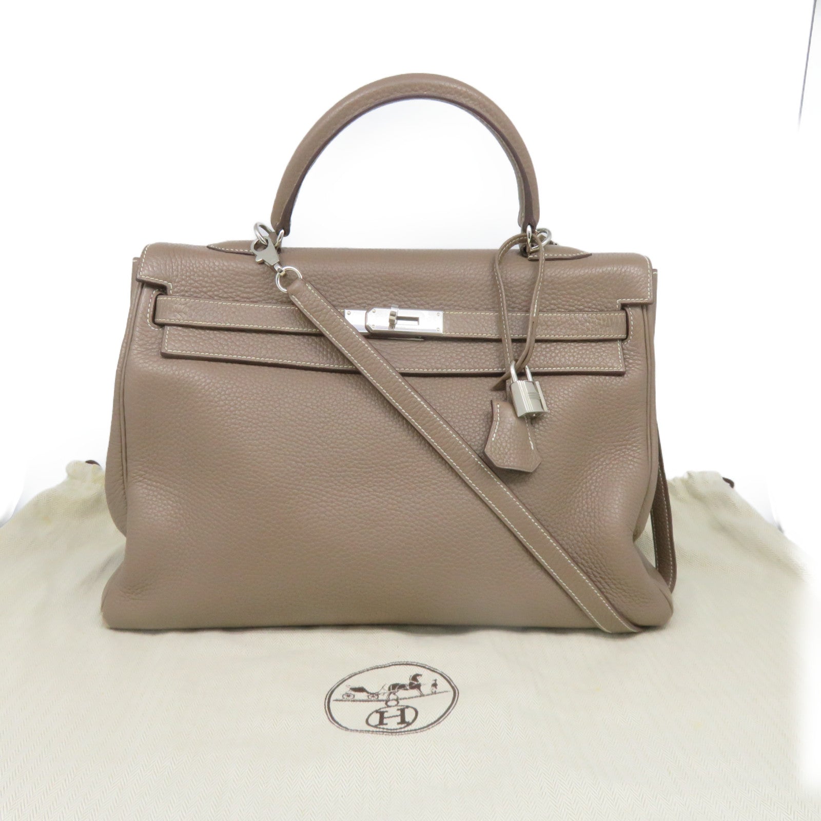 HERMES 【激減優惠】Clemence皮革Kelly 35銀扣手挽袋米色