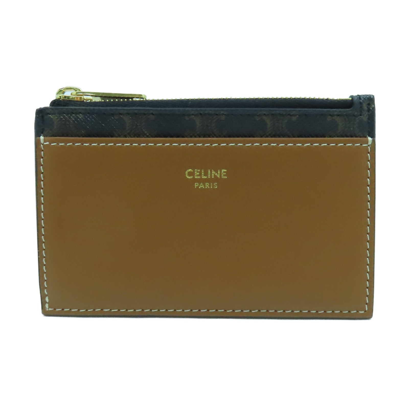 CELINE 牛皮皮革/塗層帆布Card Case金扣卡片套啡色/黑色