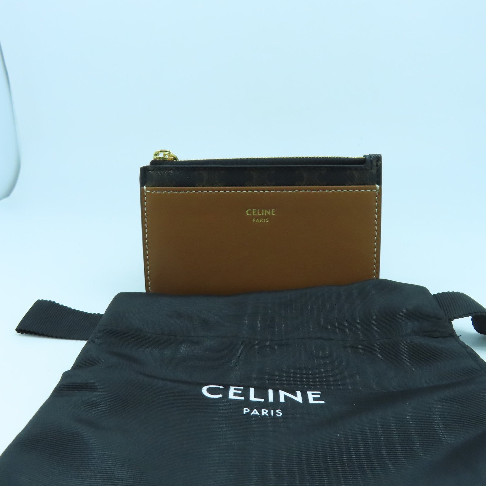 CELINE 牛皮皮革/塗層帆布Card Case金扣卡片套啡色/黑色