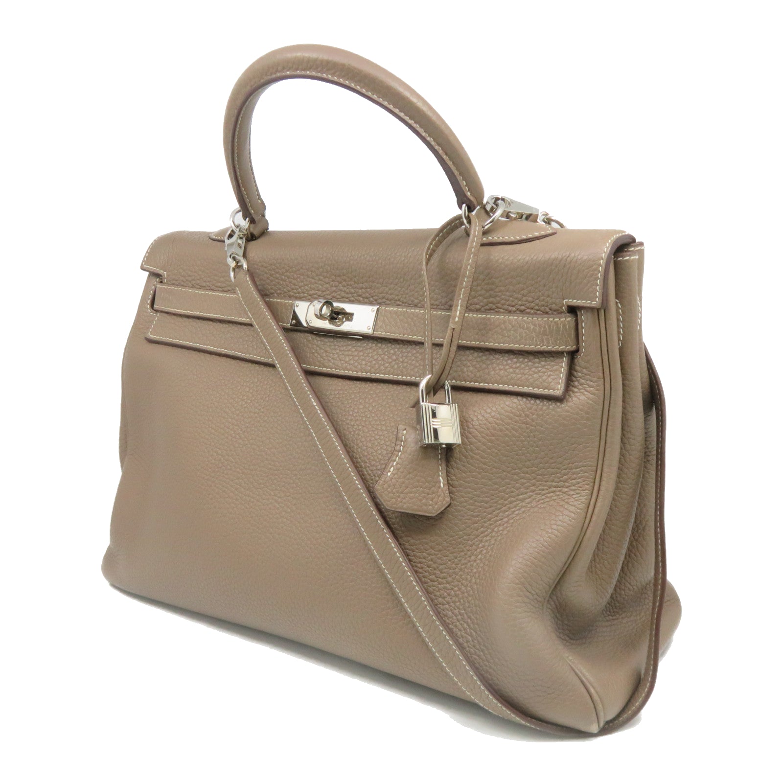 HERMES 【激減優惠】Clemence皮革Kelly 35銀扣手挽袋米色