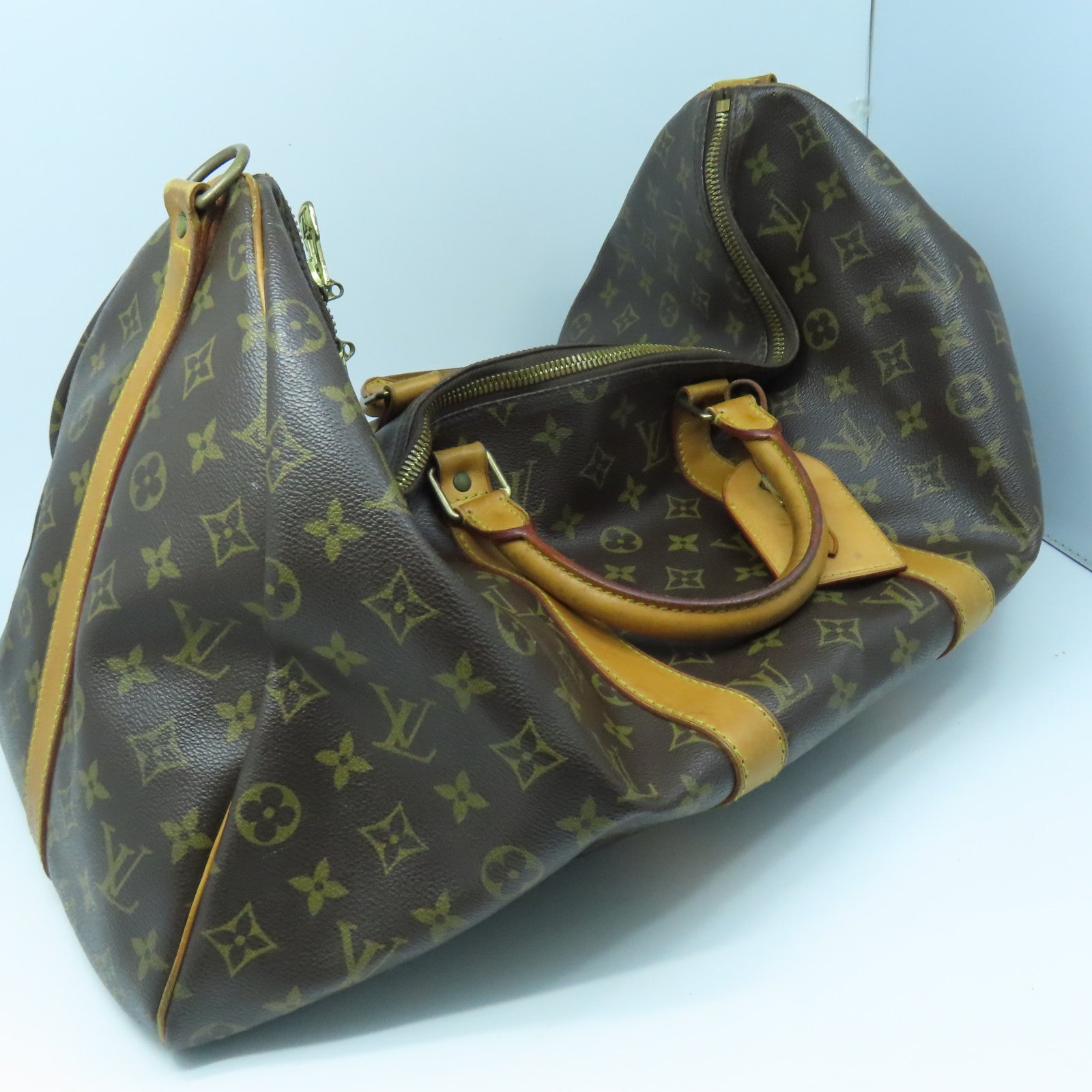 LOUIS VUITTON Monogram Keepall 50 Bandouliere Gold Buckle Boston Bag Brown
