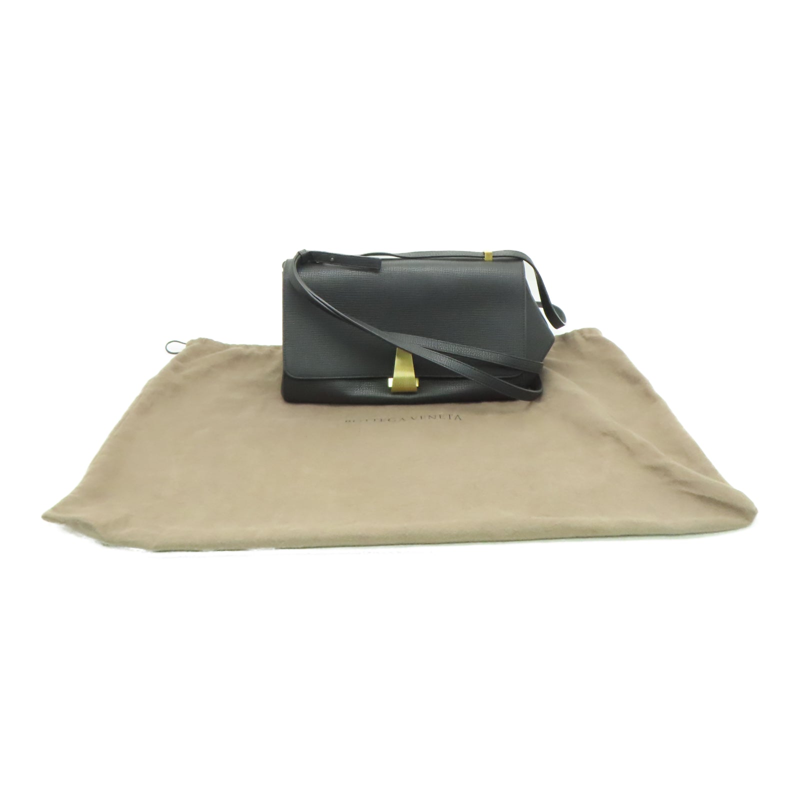 BOTTEGA VENETA Leather Shoulder Bag Gold Buckle Black
