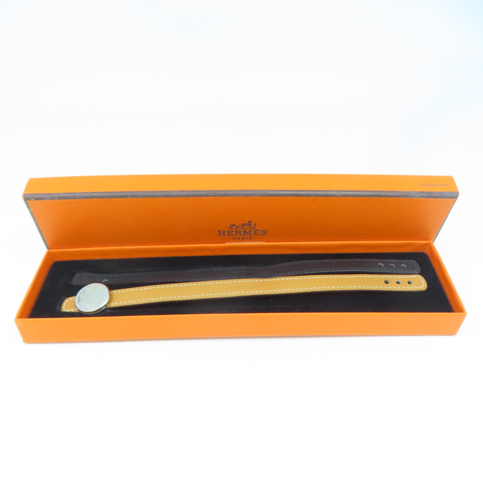 HERMES Swift皮革Clou De Selle Bracelet銀扣手鐲啡色/黑色#16.75cm