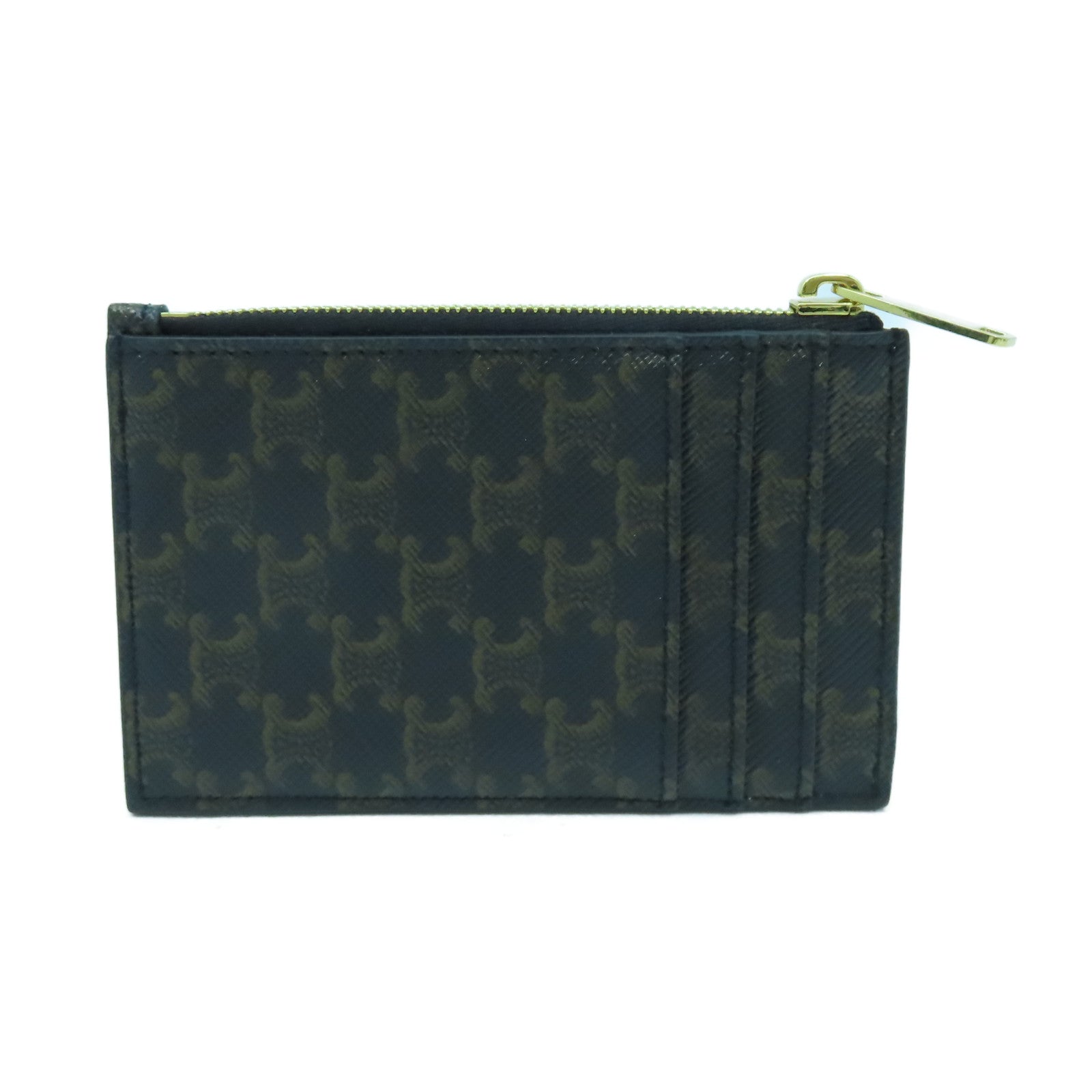 CELINE 牛皮皮革/塗層帆布Card Case金扣卡片套啡色/黑色