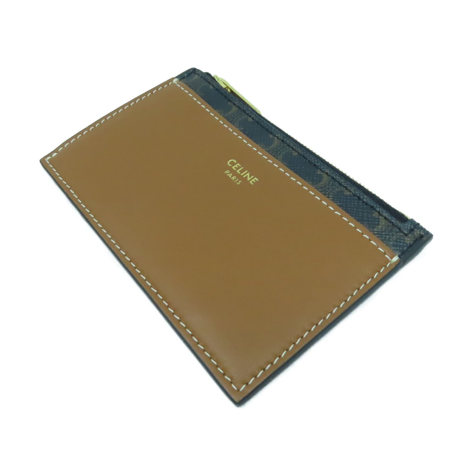 CELINE 牛皮皮革/塗層帆布Card Case金扣卡片套啡色/黑色