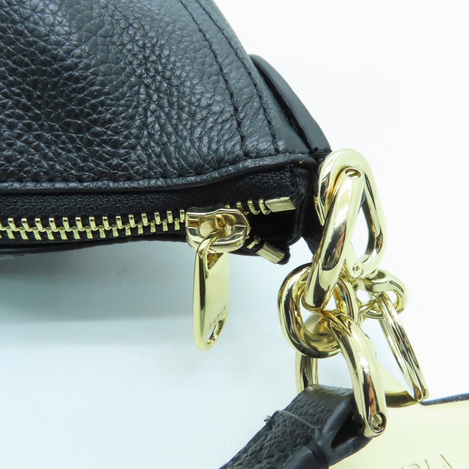 Furla Cowhide Leather 2 Way Shoulder Gold Buckle Handle Shoulder Bag Black