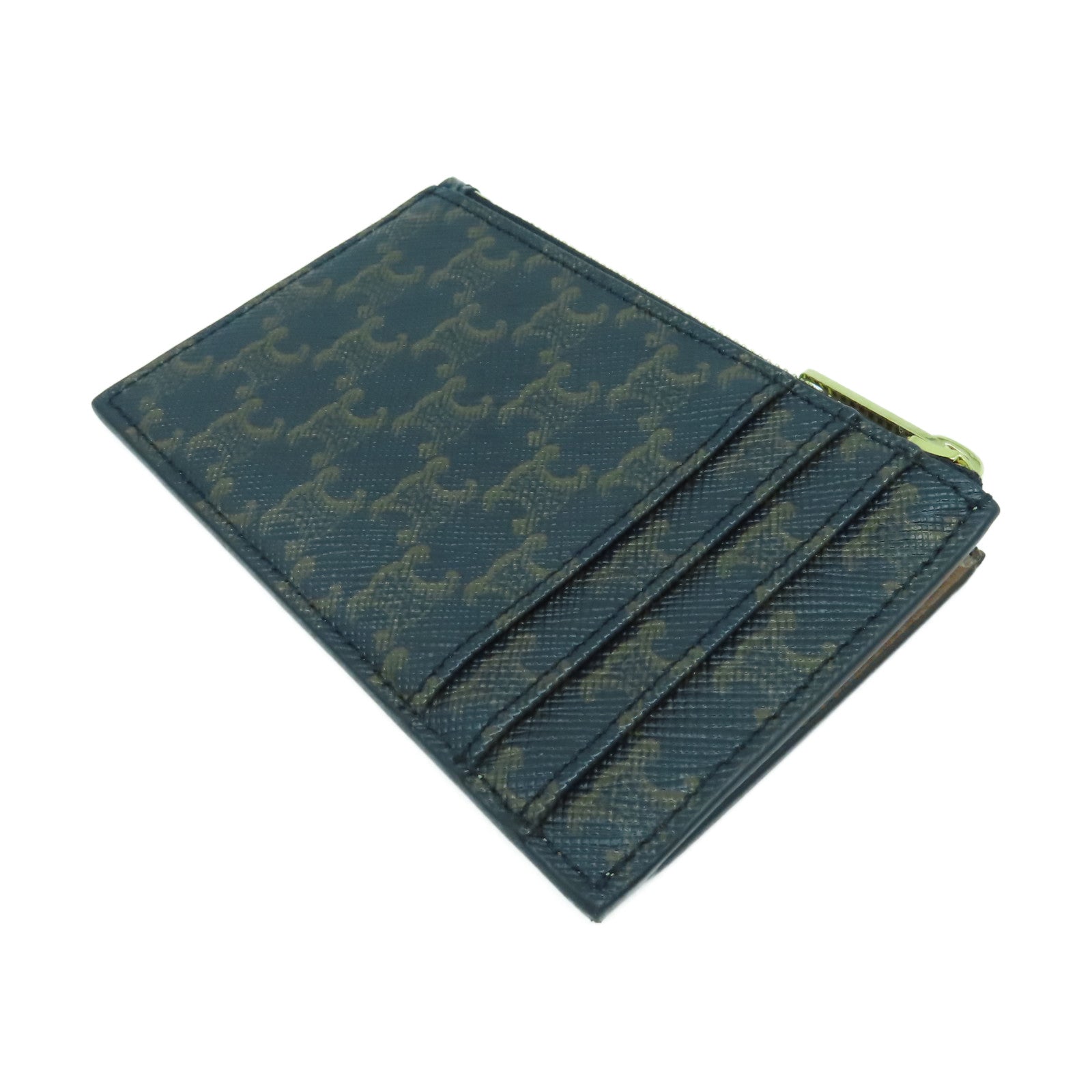 CELINE 牛皮皮革/塗層帆布Card Case金扣卡片套啡色/黑色