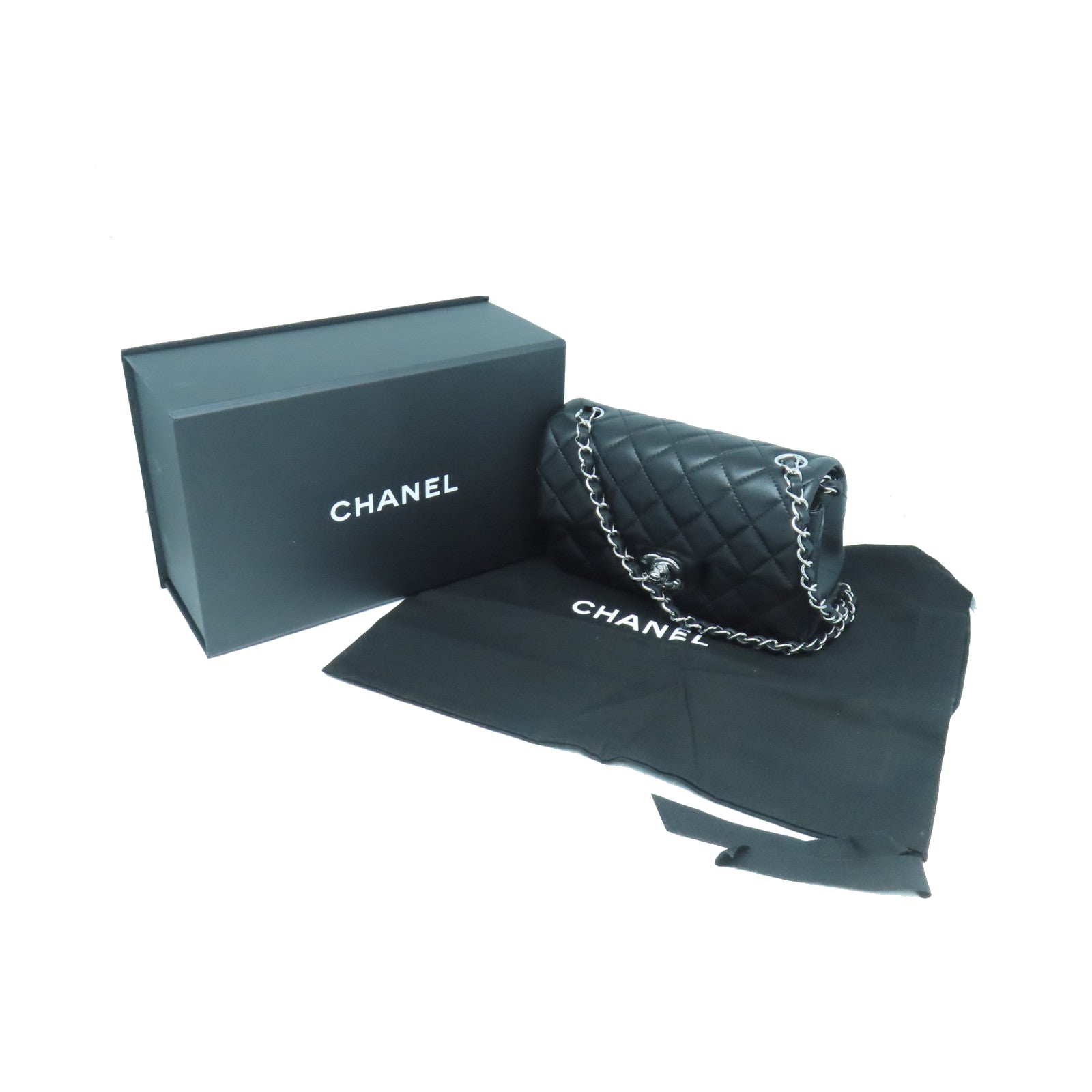 CHANEL 菱格羊皮皮革Chain Shoulder銀扣鏈帶肩背袋黑色