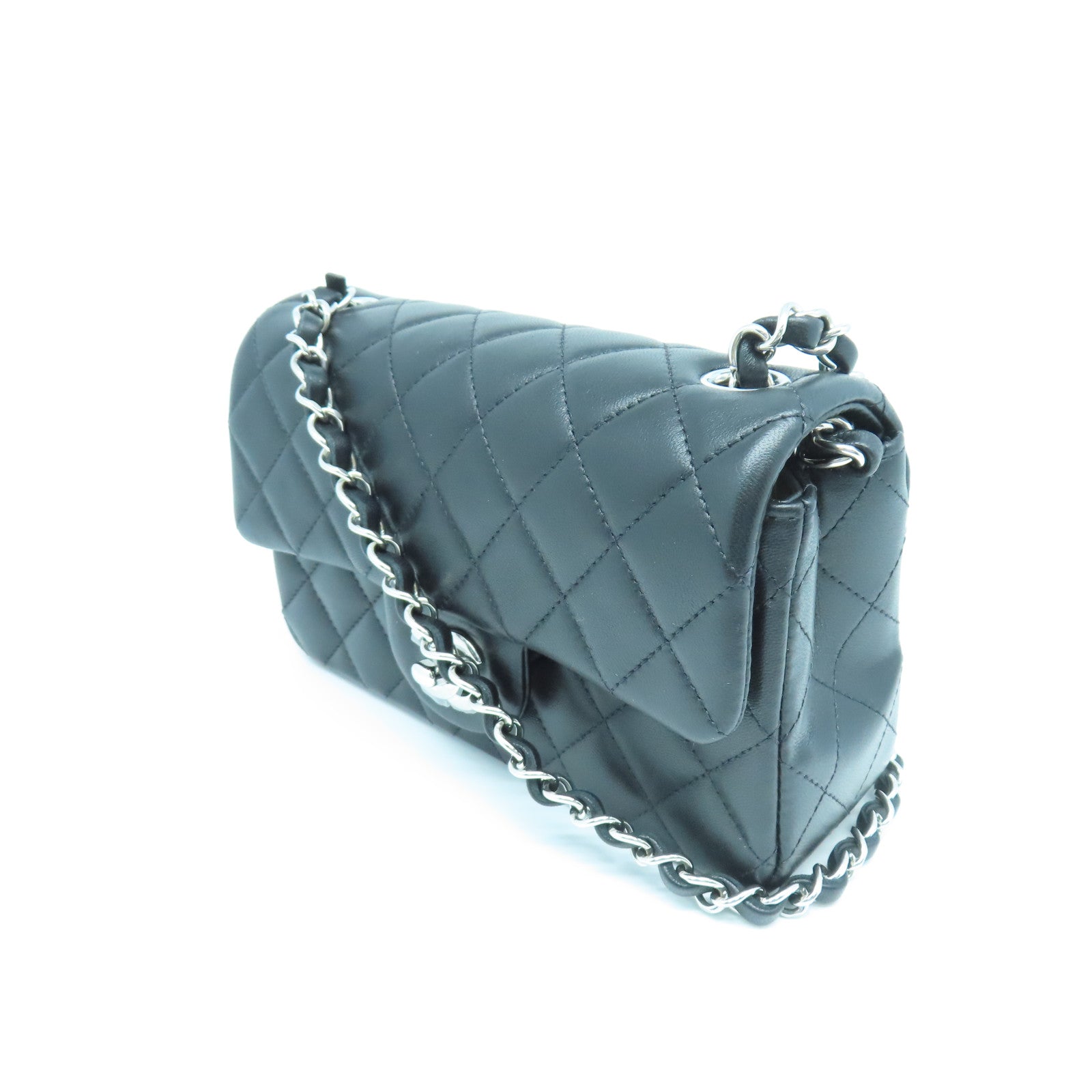 CHANEL 菱格羊皮皮革Chain Shoulder銀扣鏈帶肩背袋黑色