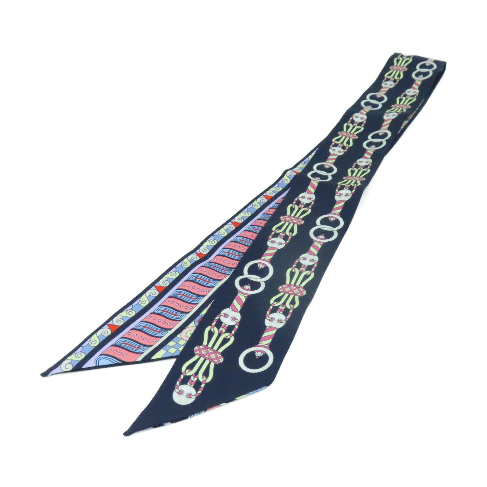 HERMES 絲質Twilly Scarf絲巾h深藍色/粉紅色/彩色