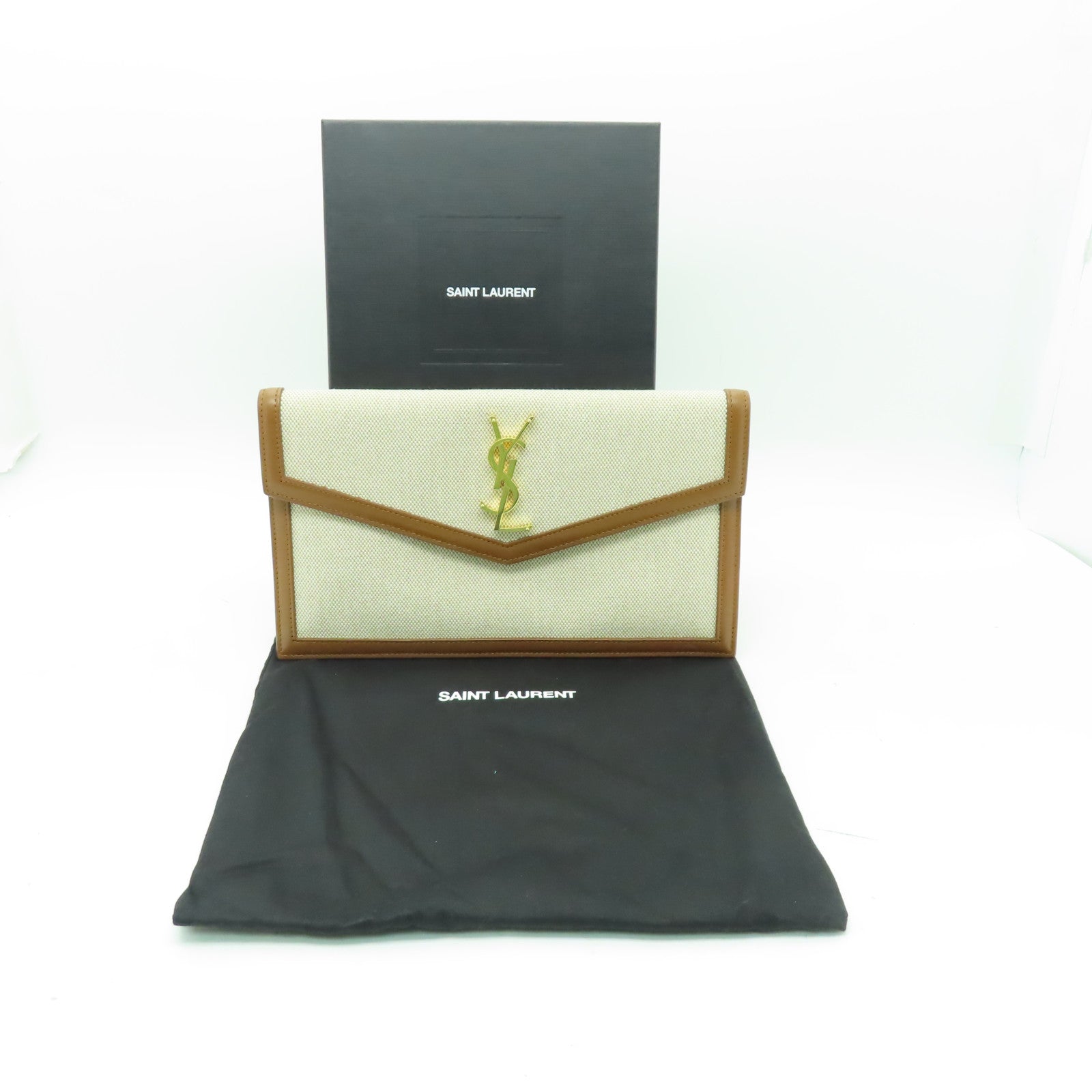 YVES SAINT LAURENT 帆布Clutch Bag金扣手拿包米色