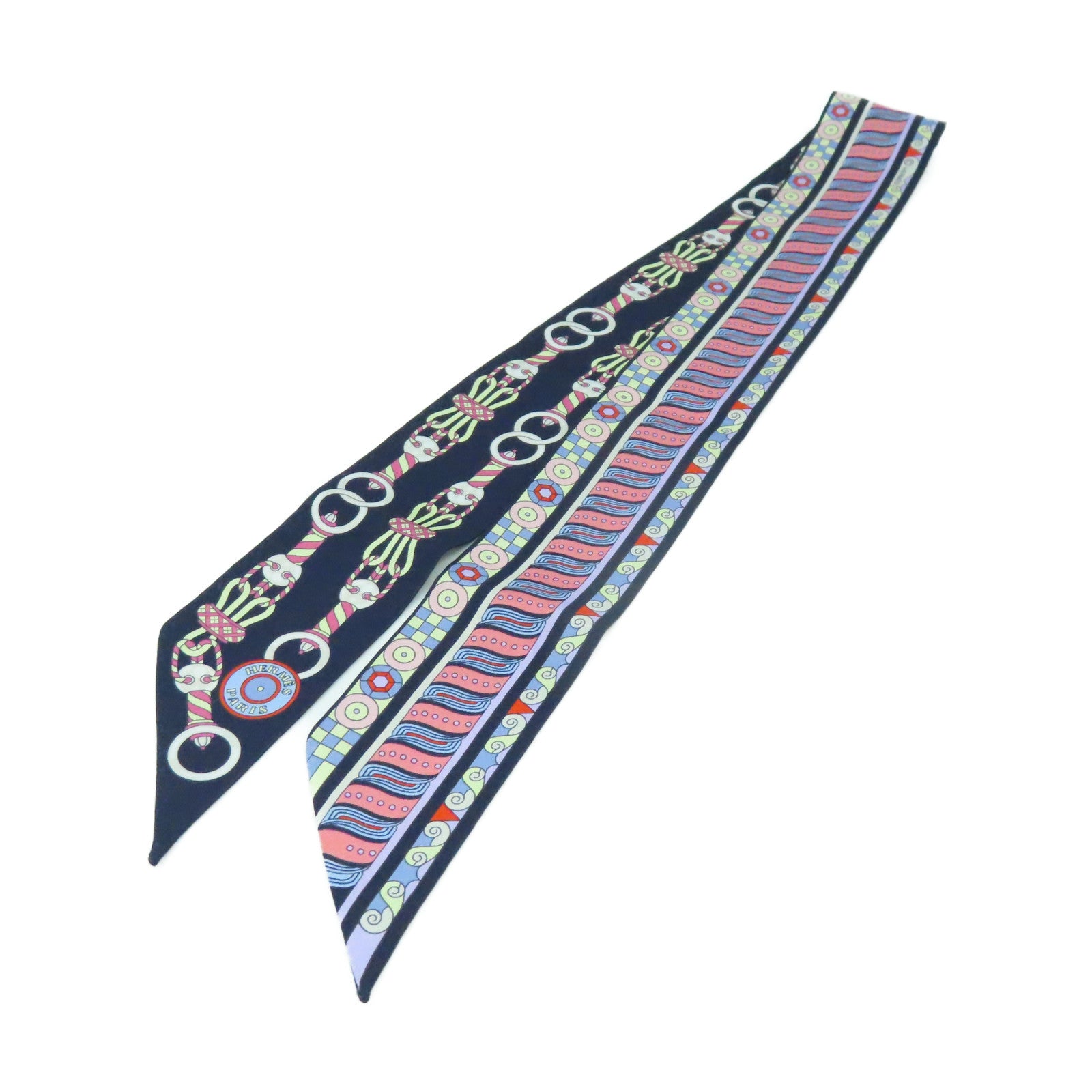 HERMES 絲質Twilly Scarf絲巾h深藍色/粉紅色/彩色