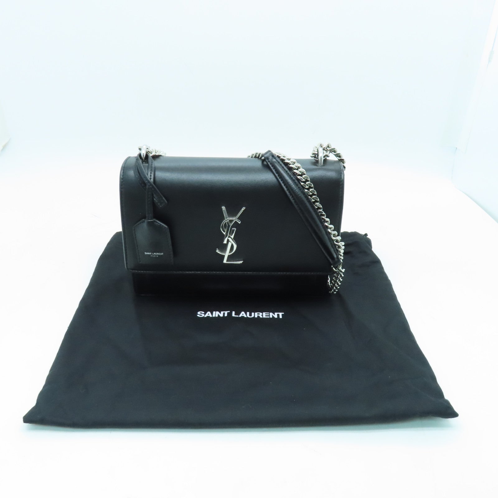 YVES SAINT LAURENT cowhide leather Shoulder Bag silver buckle handle chain shoulder bag black