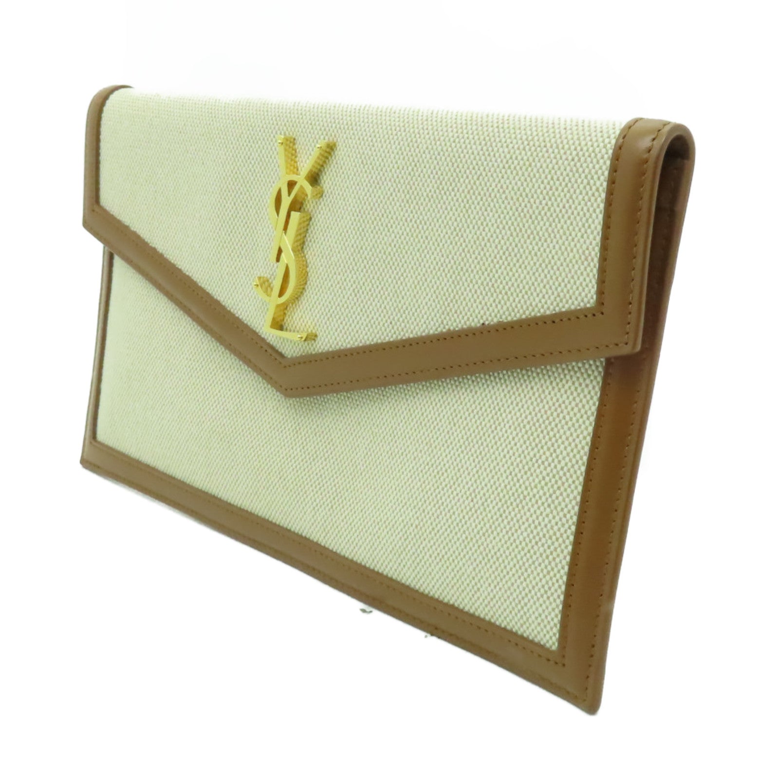 YVES SAINT LAURENT 帆布Clutch Bag金扣手拿包米色