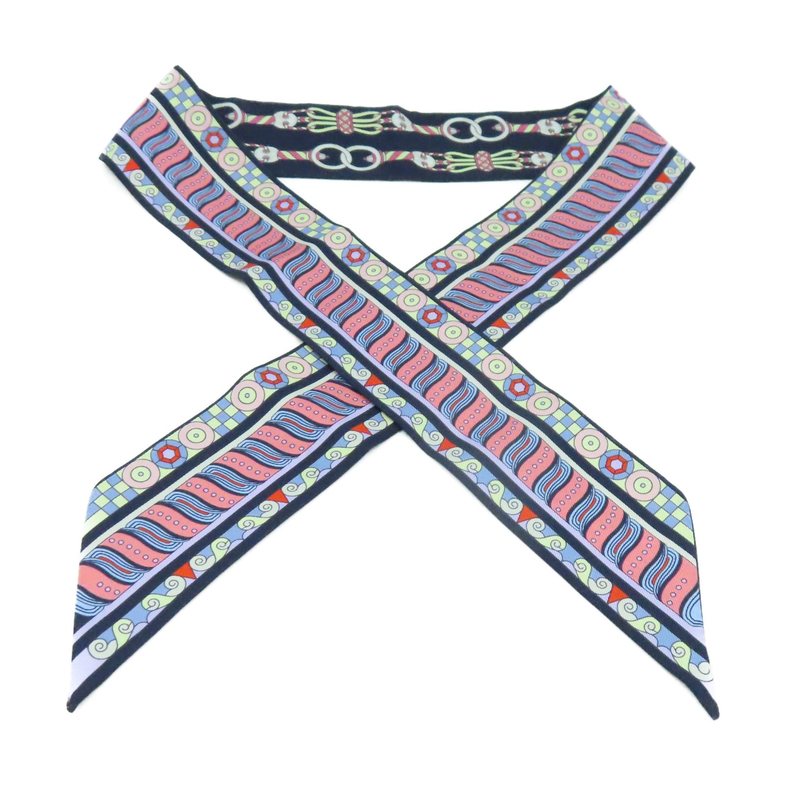 HERMES 絲質Twilly Scarf絲巾h深藍色/粉紅色/彩色