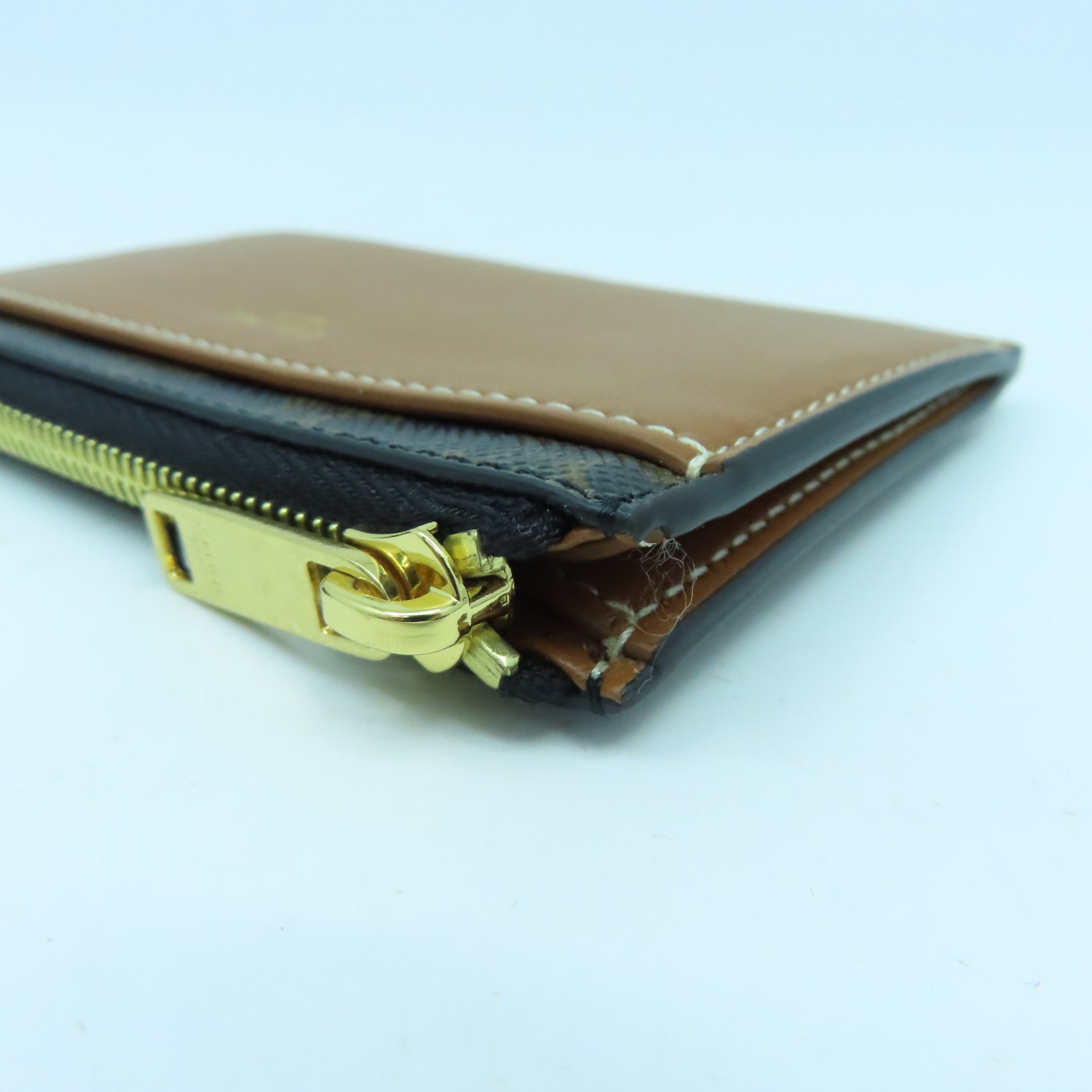 CELINE 牛皮皮革/塗層帆布Card Case金扣卡片套啡色/黑色