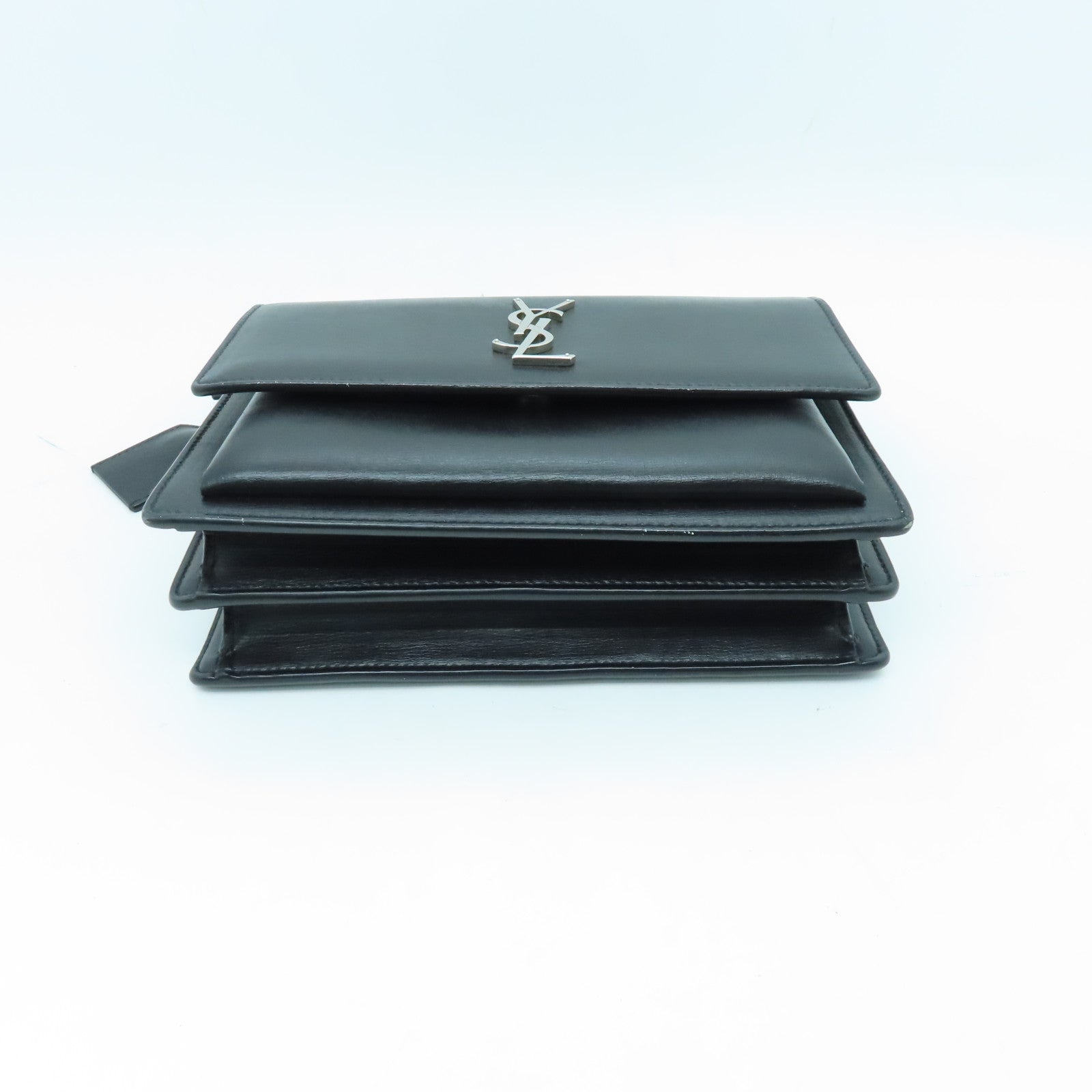 YVES SAINT LAURENT cowhide leather Shoulder Bag silver buckle handle chain shoulder bag black