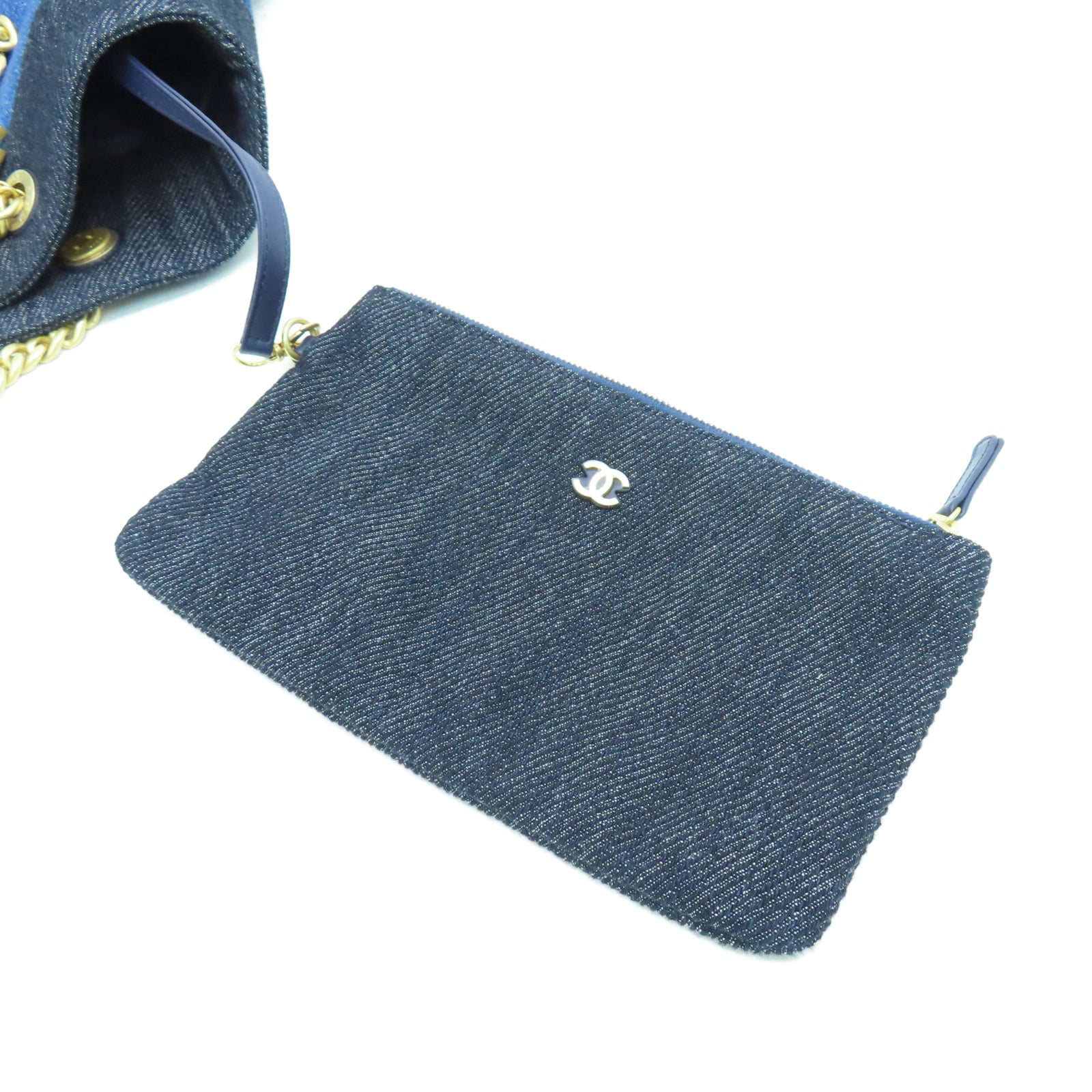 CHANEL Denim Chain Shoulder金扣鏈帶肩背藍色