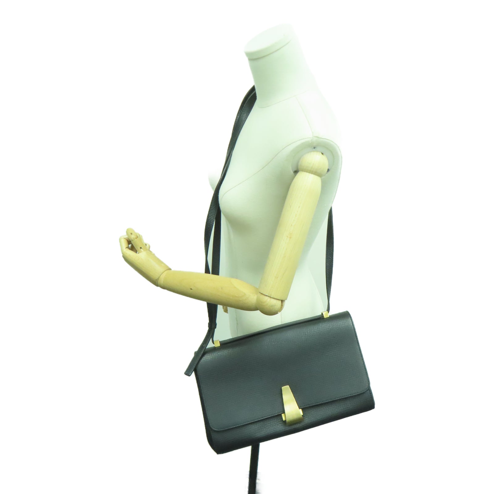 BOTTEGA VENETA Leather Shoulder Bag Gold Buckle Black